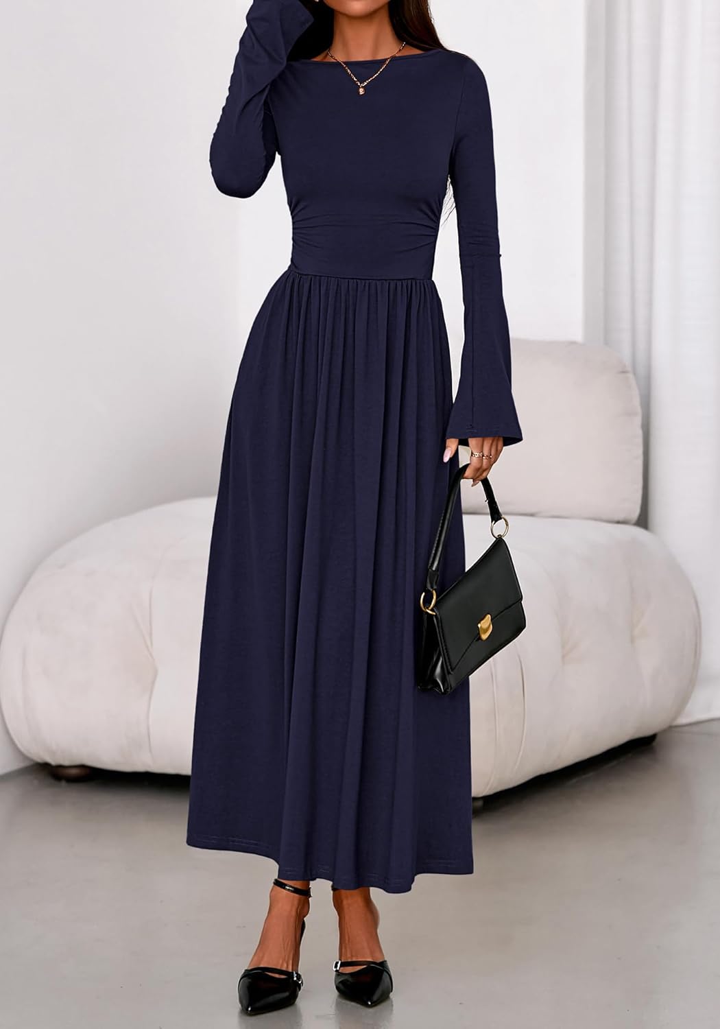 BTFBM Long Sleeve Maxi Dresses for Women 2025 Fall Casual Ruched Boat Neck Flowy Elegant Formal Wedding Guest Dress - Image 8