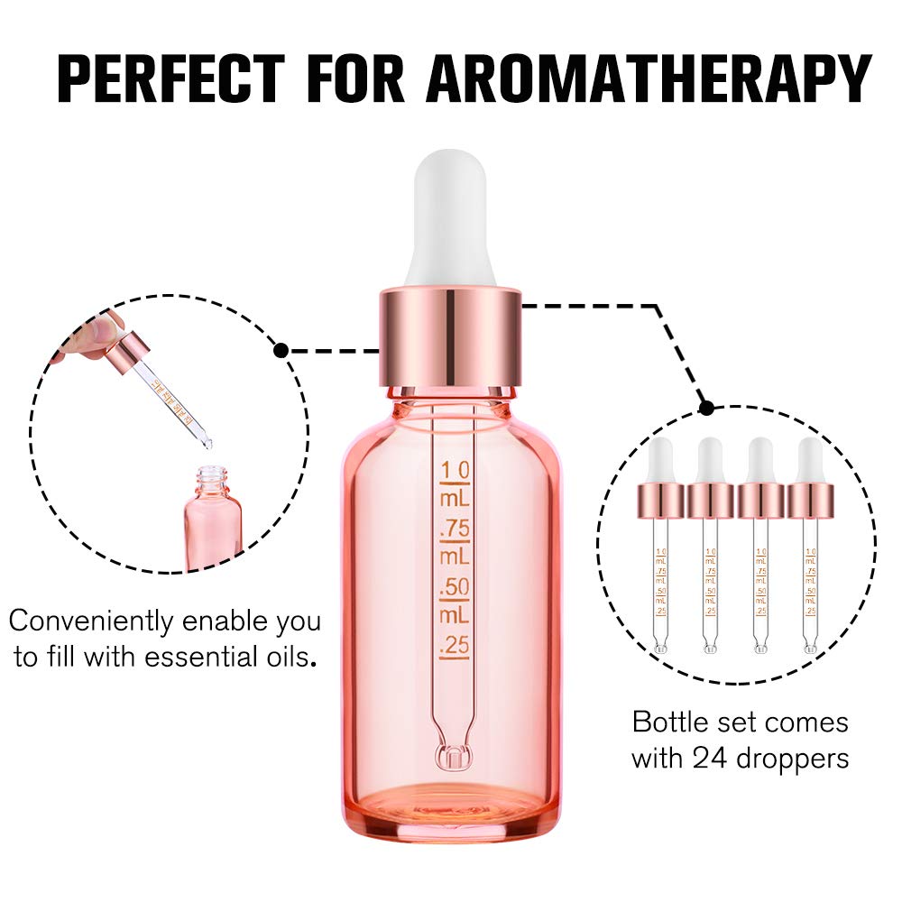 PrettyCare Flacone contagocce da 28,3 g (confezione da 24 flaconi in vetro rosa da 30 ml con pipette misurate, tappi dorati e 48 etichette, imbuto), flaconi vuoti per tintura di oli essenziali,
