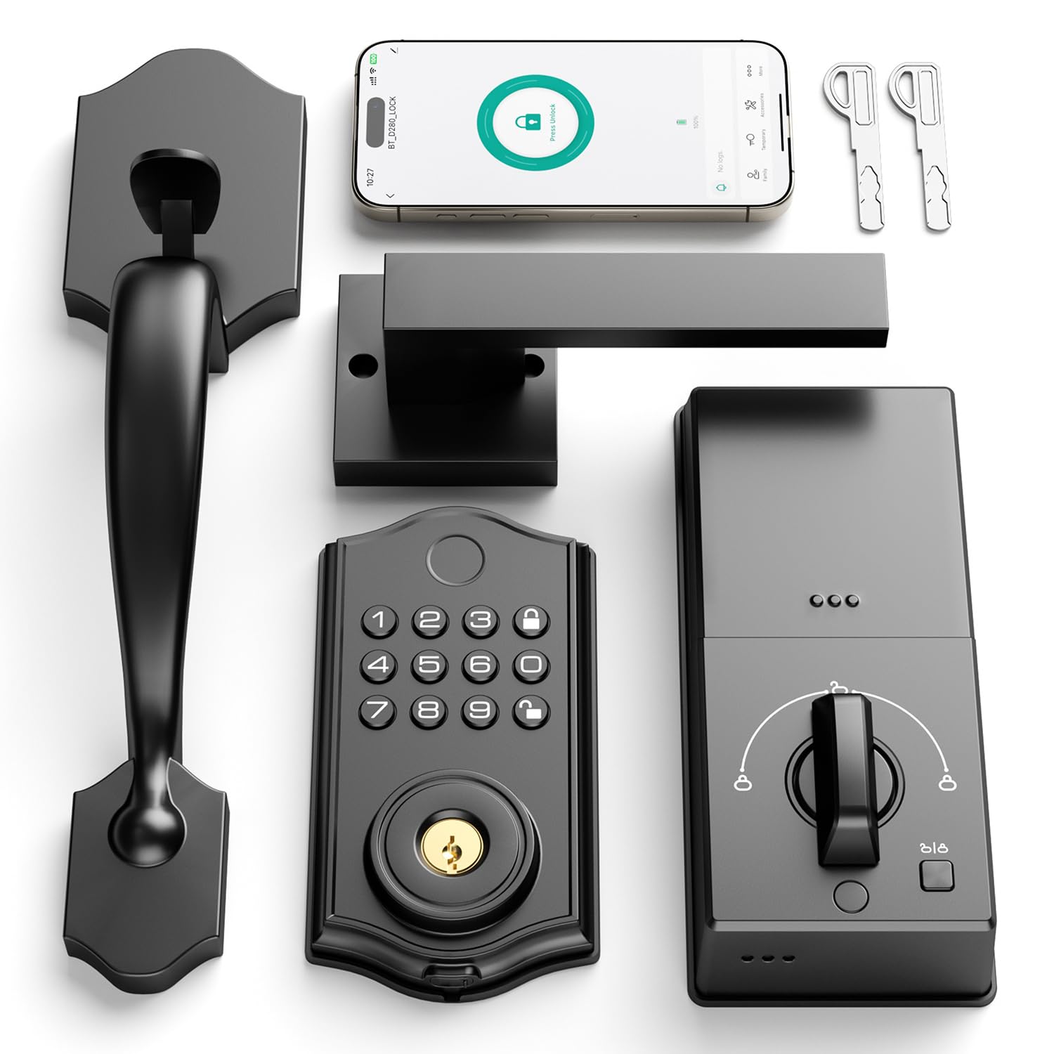 Smart Front Door Lock Set, APP Control Keyless Entry Door Lock with Handle, Smart Fingerprint Deadbolt, Anti-Peeping Electronic Keypad, Auto Lock, Easy Install, Black