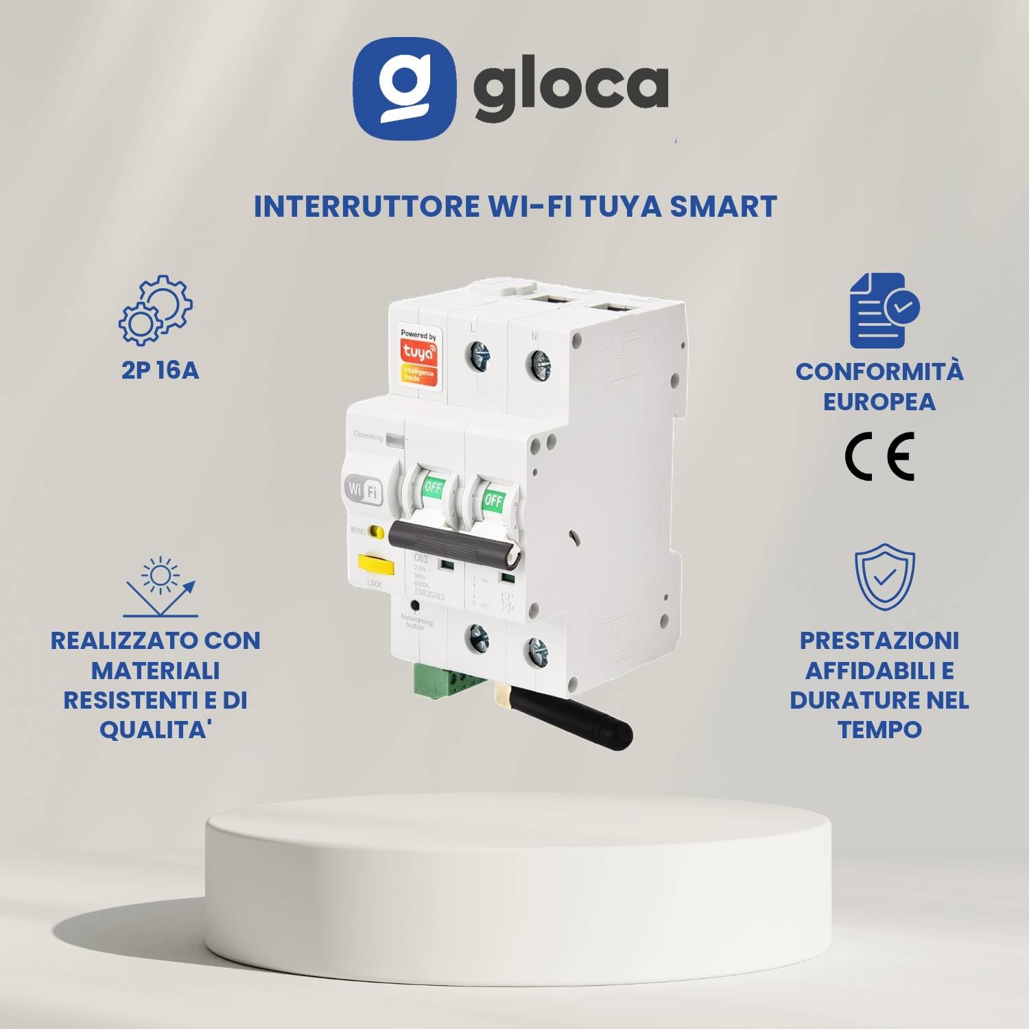 gloca Interruttore Magnetotermico Wi-Fi Smart Con App Tuya Smart Riarmo Automatico Tramite APP 3M 2P 16A 220V