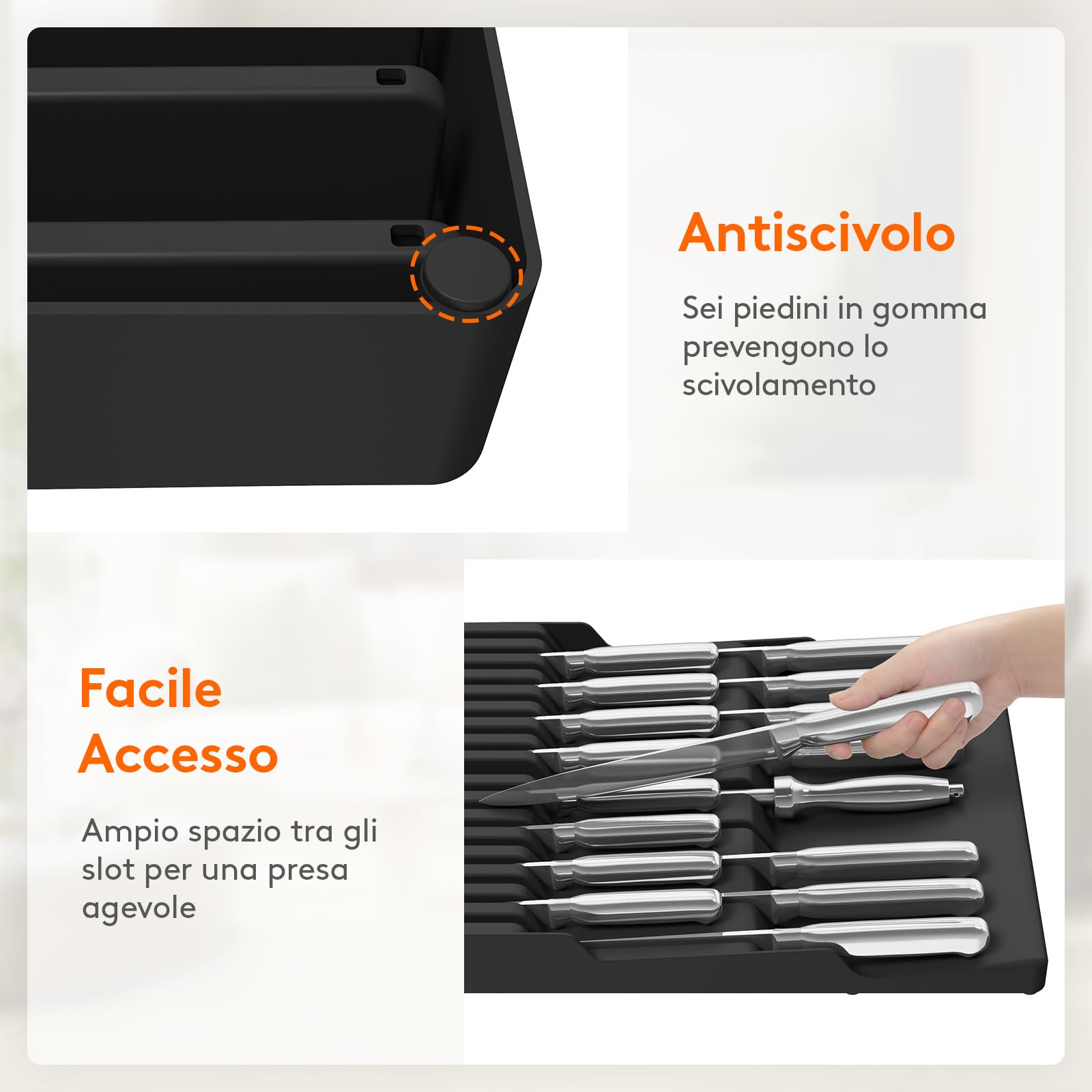 Lifewit Organizer Coltelli da Cassetti, Magnetico Porta Posate Cucina per 16 Knives e 1 Acciaio per Affilatura (non Incluso), Set di Supporto in Plastica per Coltelli da Chef, Grande, Nero