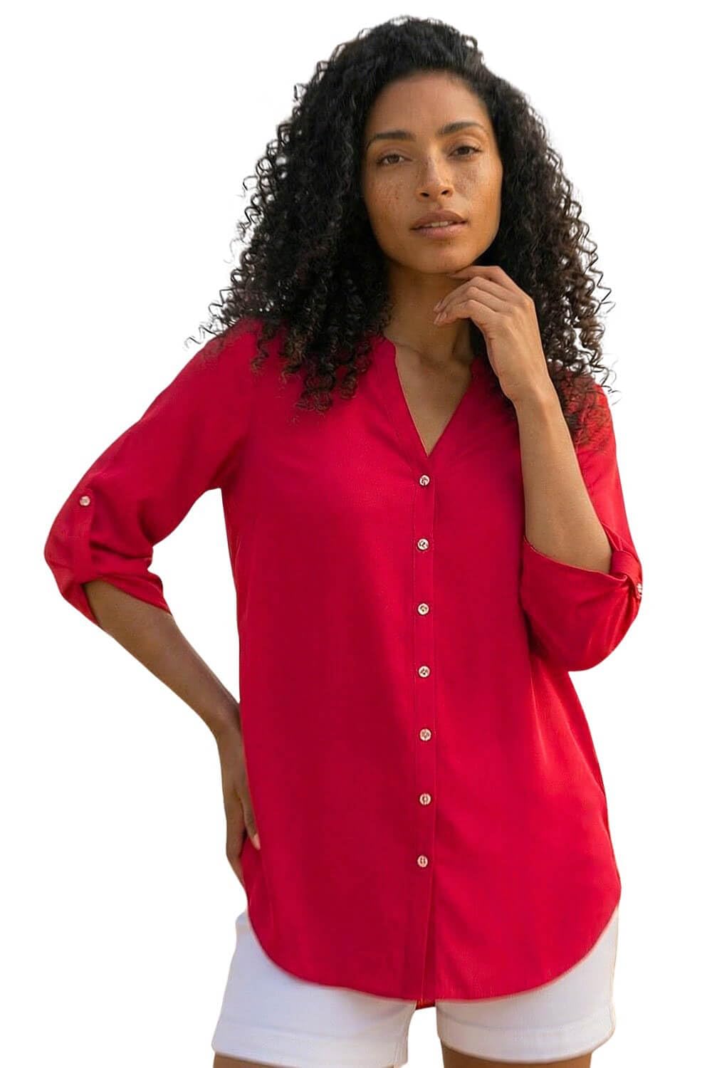 Roman Women's Red Notch Neck Longline Blouse In Size 16