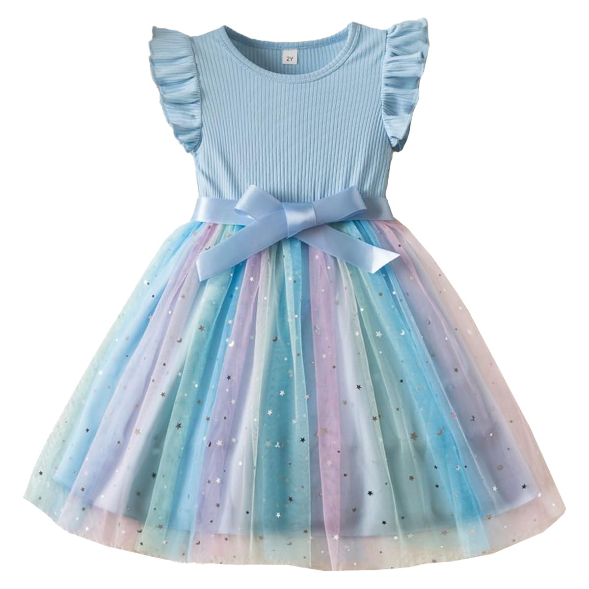 Kleinkind Mädchen Tüllkleid Rüschen Ärmellos Blumenstickerei Sternenhimmel Farbverlauf Kleider Baby Mädchen Kleidung - 3