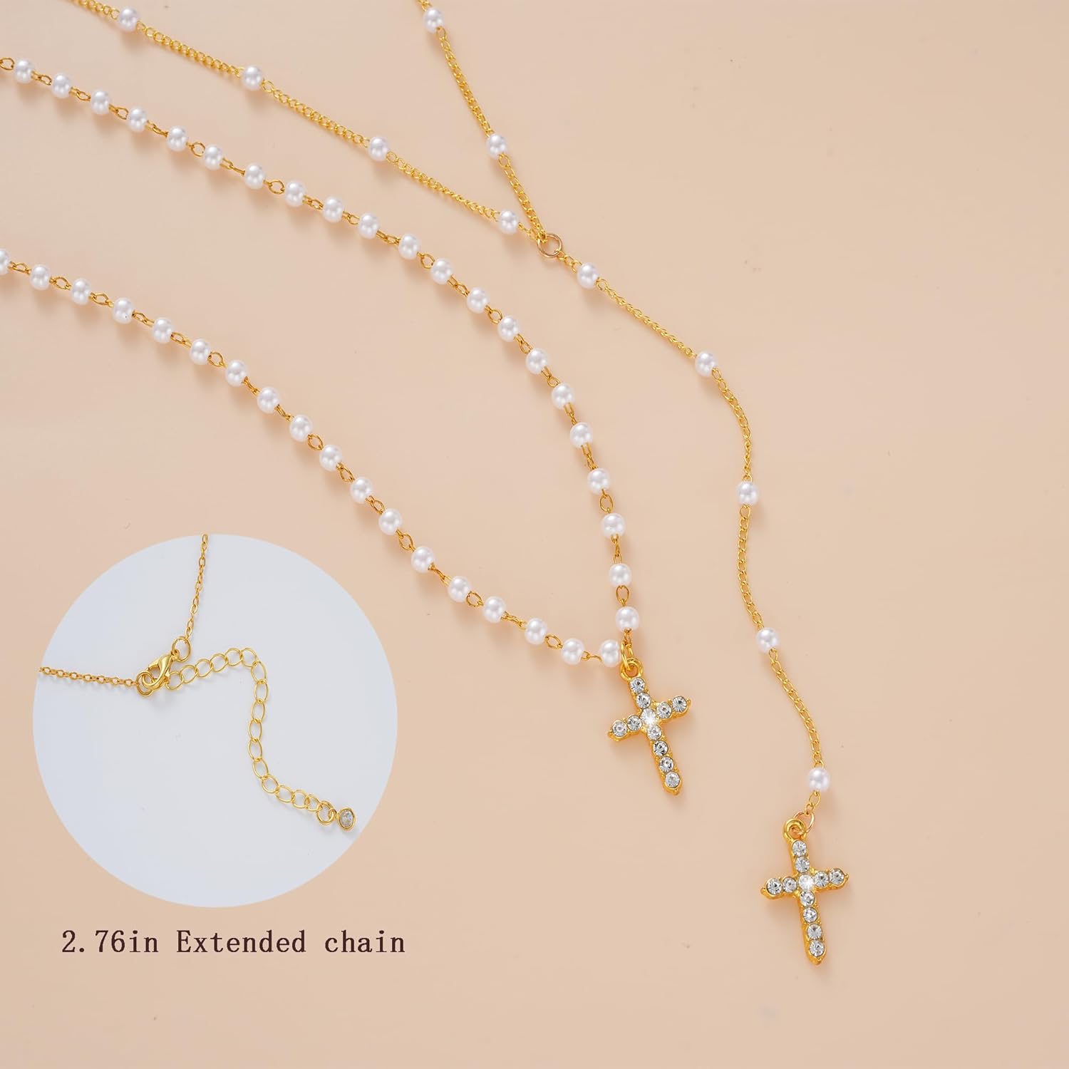 4PCS Layered Gold Cross Necklaces for Women Trendy, Bohemian Bead Pearl Y Long Pendant Necklace Set, Vintage Rosary Necklace Stack Adjustable Length - Image 4