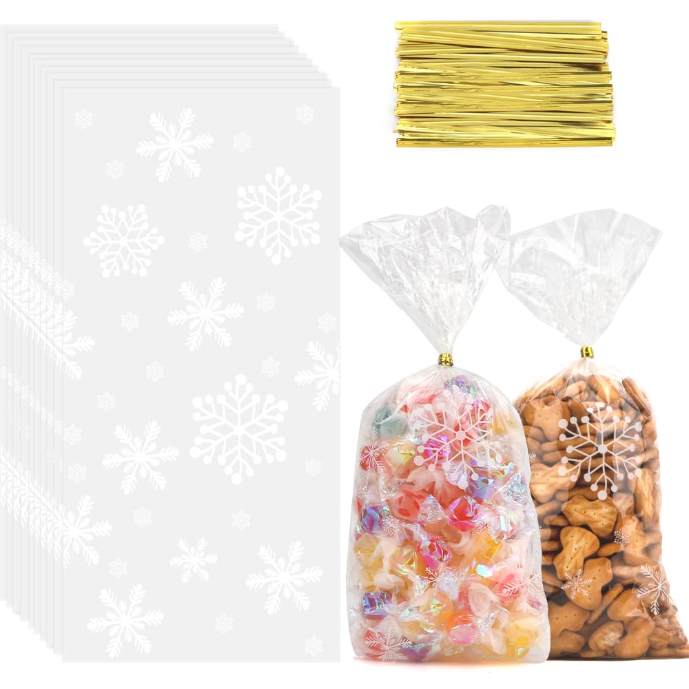 Snowflake Christmas Treat Bags 100pcs Winter Christmas Cellophane