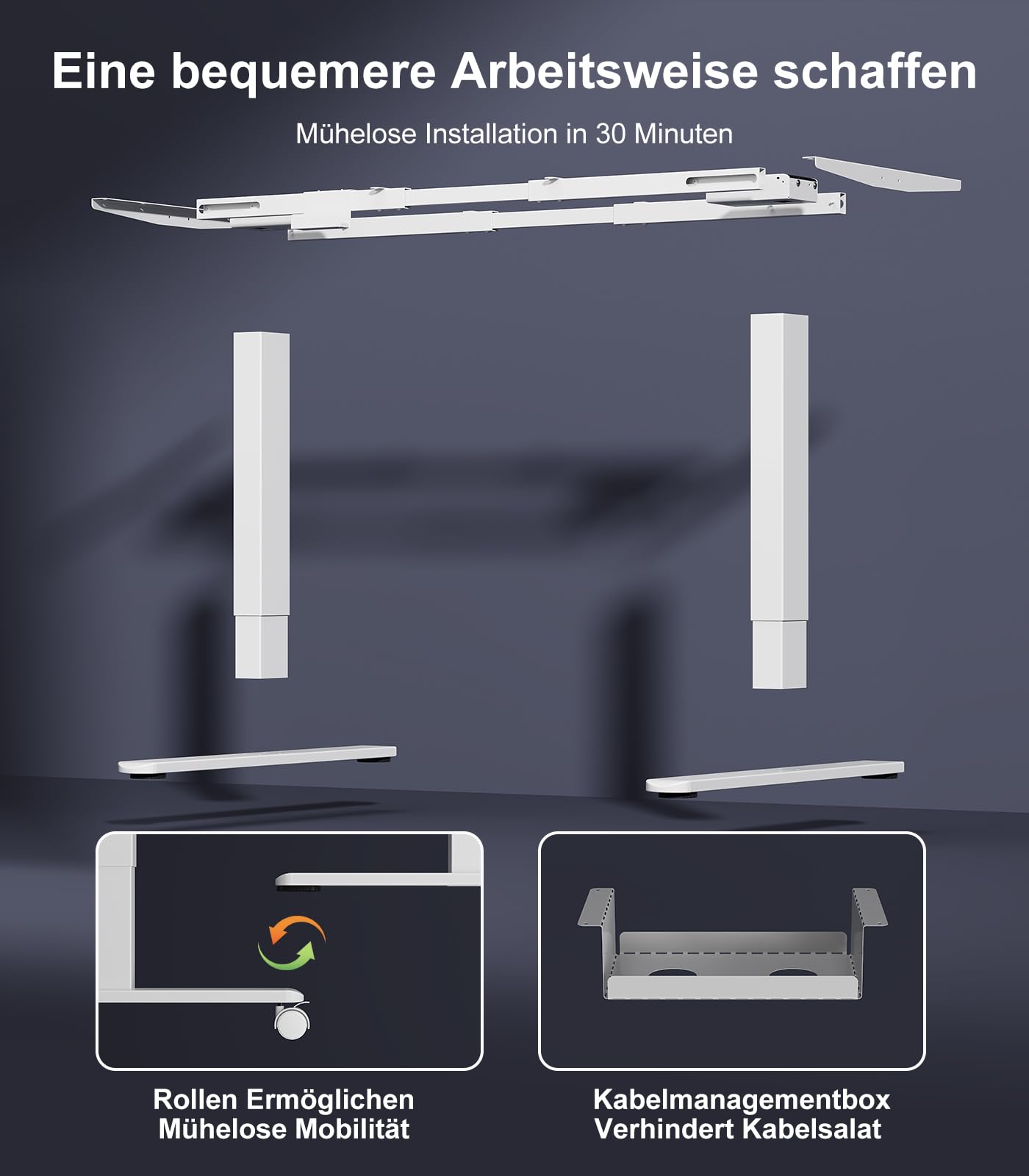 JUMMICO Höhenverstellbarer Schreibtisch Gestell mit 2 Starken Motoren, Type-C Aufladen und Kabelmanagement & Räder, 130kg Tragkraft, 4 Höhenspeicher, Elektrisch Tischgestell Höhenverstellbar, Weiß