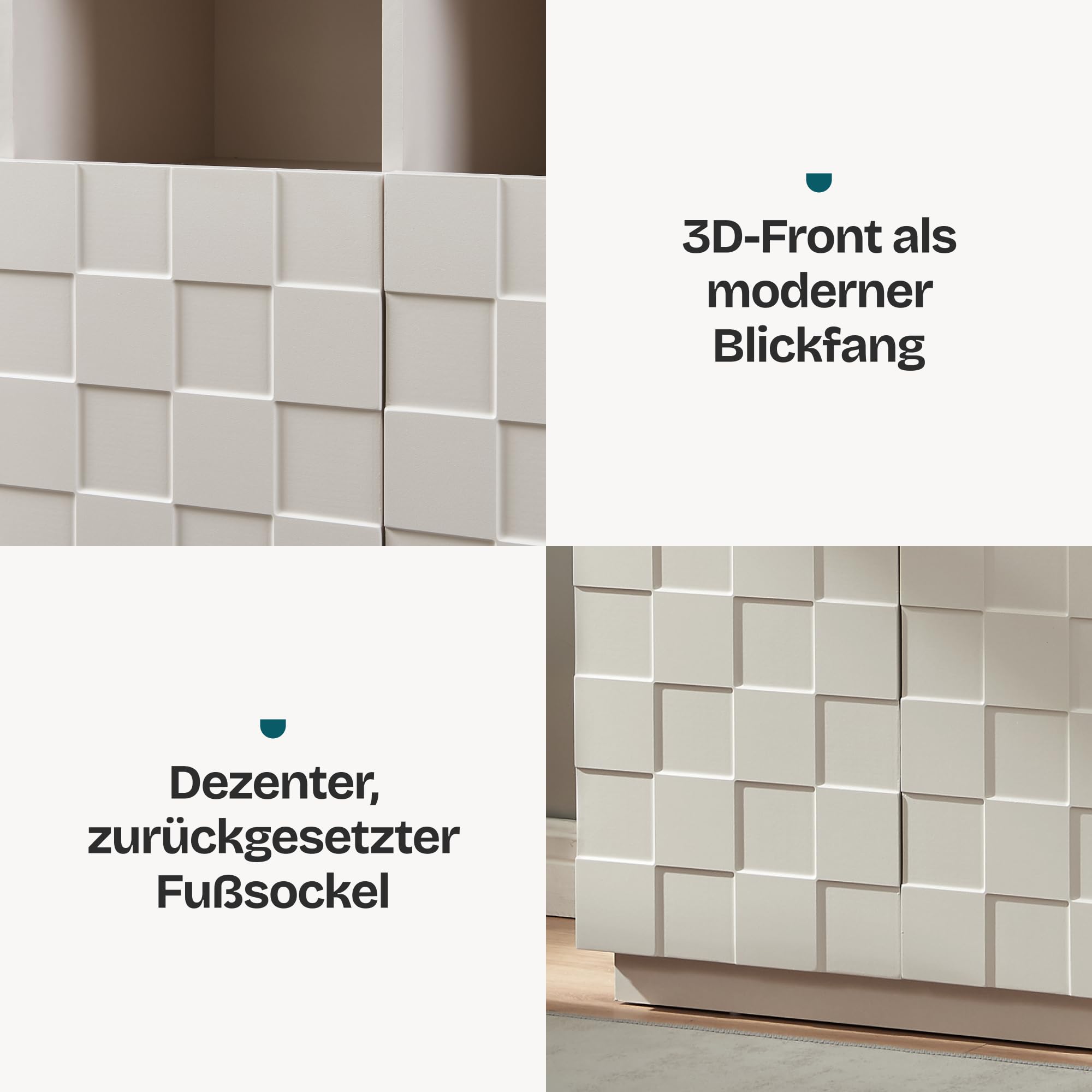 [en.casa] Highboard Wohnzimmer Bopibobro Hochschrank mit 2 Türen 3D-Front Büroschrank 4 Fächer 118 x 64 x 30 cm Kommode Beige
