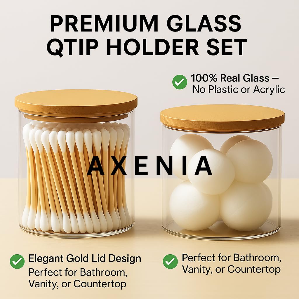 BIG CART 2 Pcs Glass Qtip Holder with Wood Lids, 16 oz Apothecary Jars Cotton Swabs Dispenser, Cotton Pads Canister for Bathroom Storage Organizer