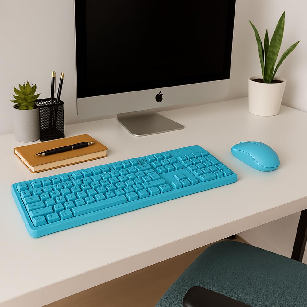 Vetrineinrete® Tastiera più mouse Wireless senza fili con design moderno connessione stabile 5 colori disponibili (Celeste)