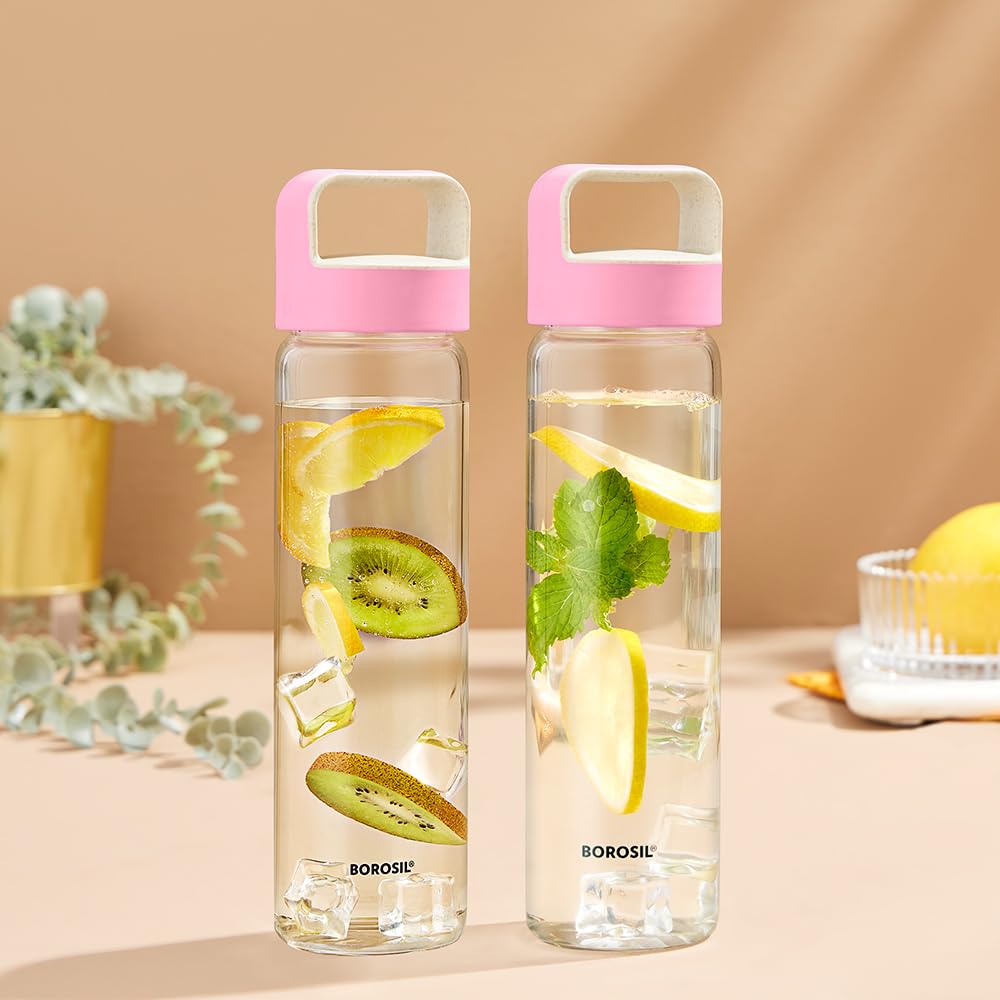 Borosil Neo Glass Water Bottle with Pink Lid | 550ml, Borosilicate Glass, Extreme Temperature Resistant, For Hot & Cold | Bottle for Water, Milk, Lassi, Juice | Transparent (2 pc Set) (B0D22DWYQ9) Amazon Price History, Amazon Price Tracker