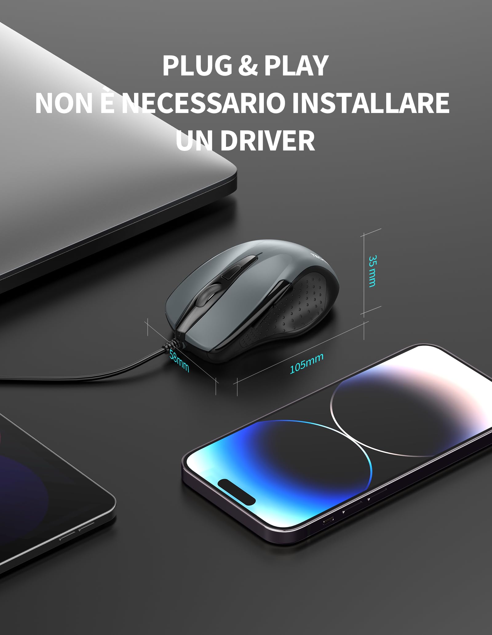 TECKNET PRO Mouse con Filo, 6400 DPI Ottico Mice Cablato, 6 Pulsanti, Cavo USB 1.5M, Plug and Play, Mouse Ergonomico con Filo per PC, Computer, Laptop - Grigio