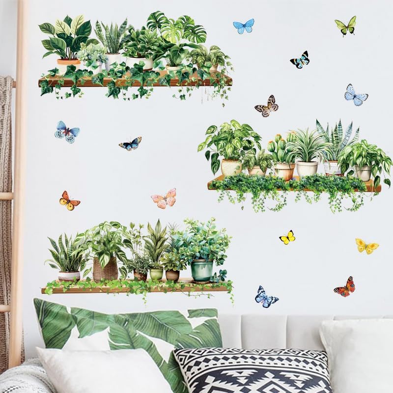 3 Pack 3D Potted Green Plant Shelf Wall Decals Green Botanical Tropical Succulent Butterfly Wall Stickers for Living Room Kitchen Home Decor
