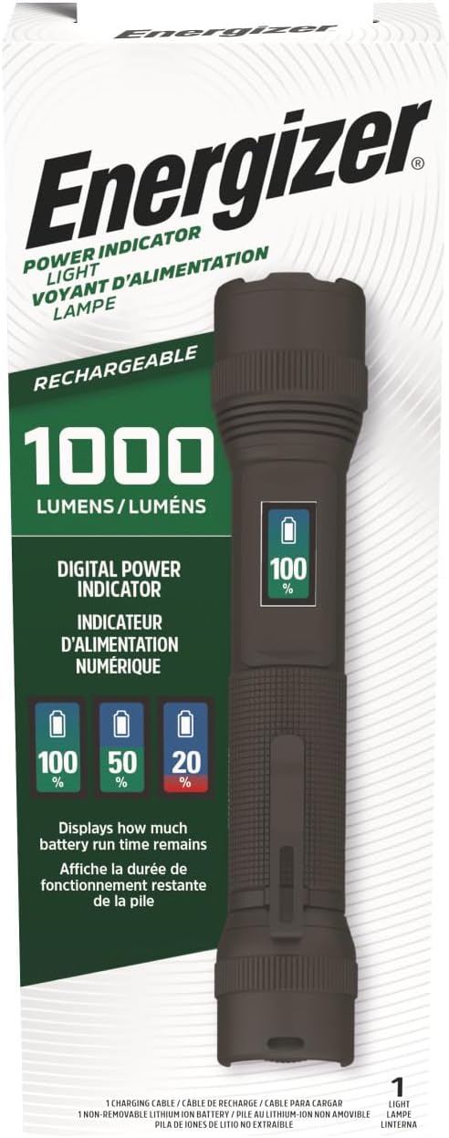 Energizer X1000 Rechargeable LED Flashlight with Power Indicator, Super Bright Flashlight, IPX4 Water Resistant, Rugged Light for Outdoors, Emergencies