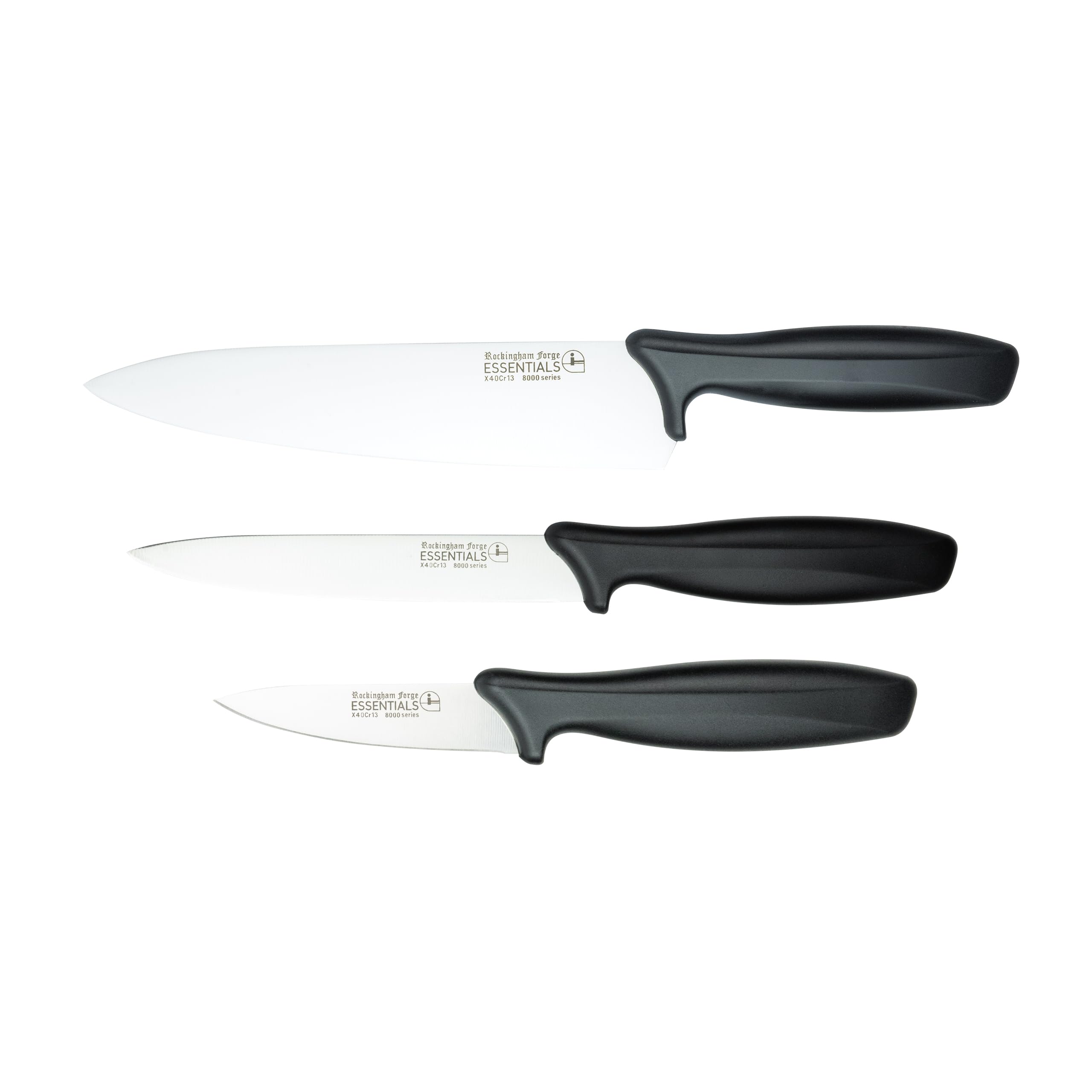 Rockingham Forge 3 Piece 8007 Essentials Range Household Knife Set, Includes 9cm Paring Knife, 12cm Utility Knife & 20cm Chef’s Knife, Black Handles