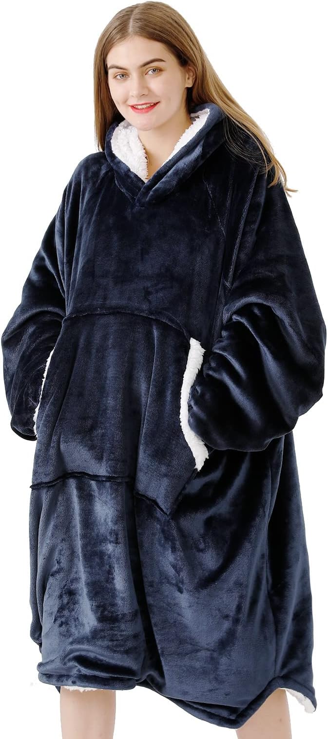 Sivio Blanket Sweatshirt, Plush Flannel Sherpa Wearable Blanket with Sleeves and Giant Pocket, Oversized Hoodie for Women and Men, Navy Blue