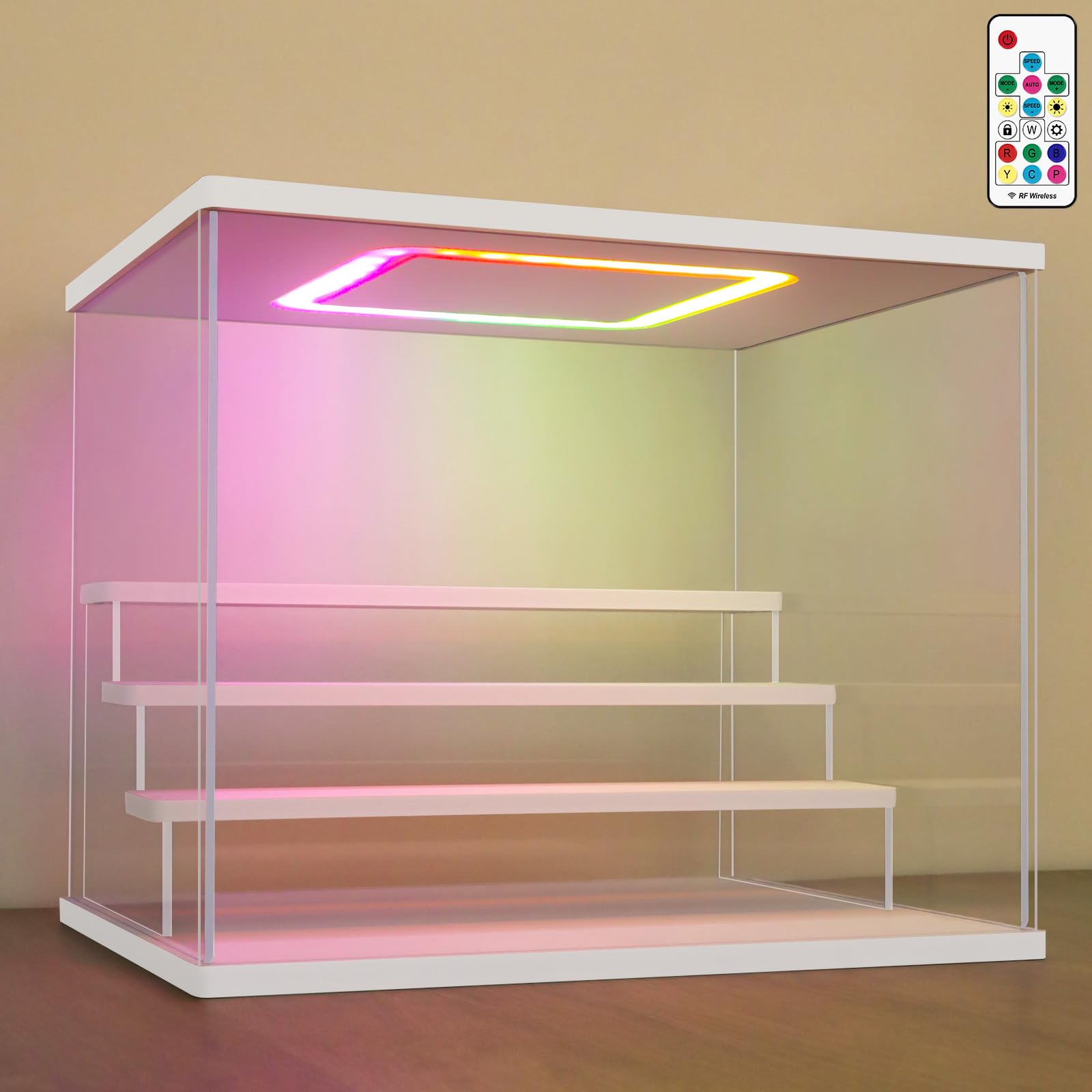 Nonemey Vetrina in Acrilico Trasparente con Luce Led Colorata,3/4/5/6 Tier Teca Espositiva,Organizzatrice Antipolvere Vetrina Espositiva per Collezionismo(Bianca, 4Tier-31.5x24.5x26.5 cm)