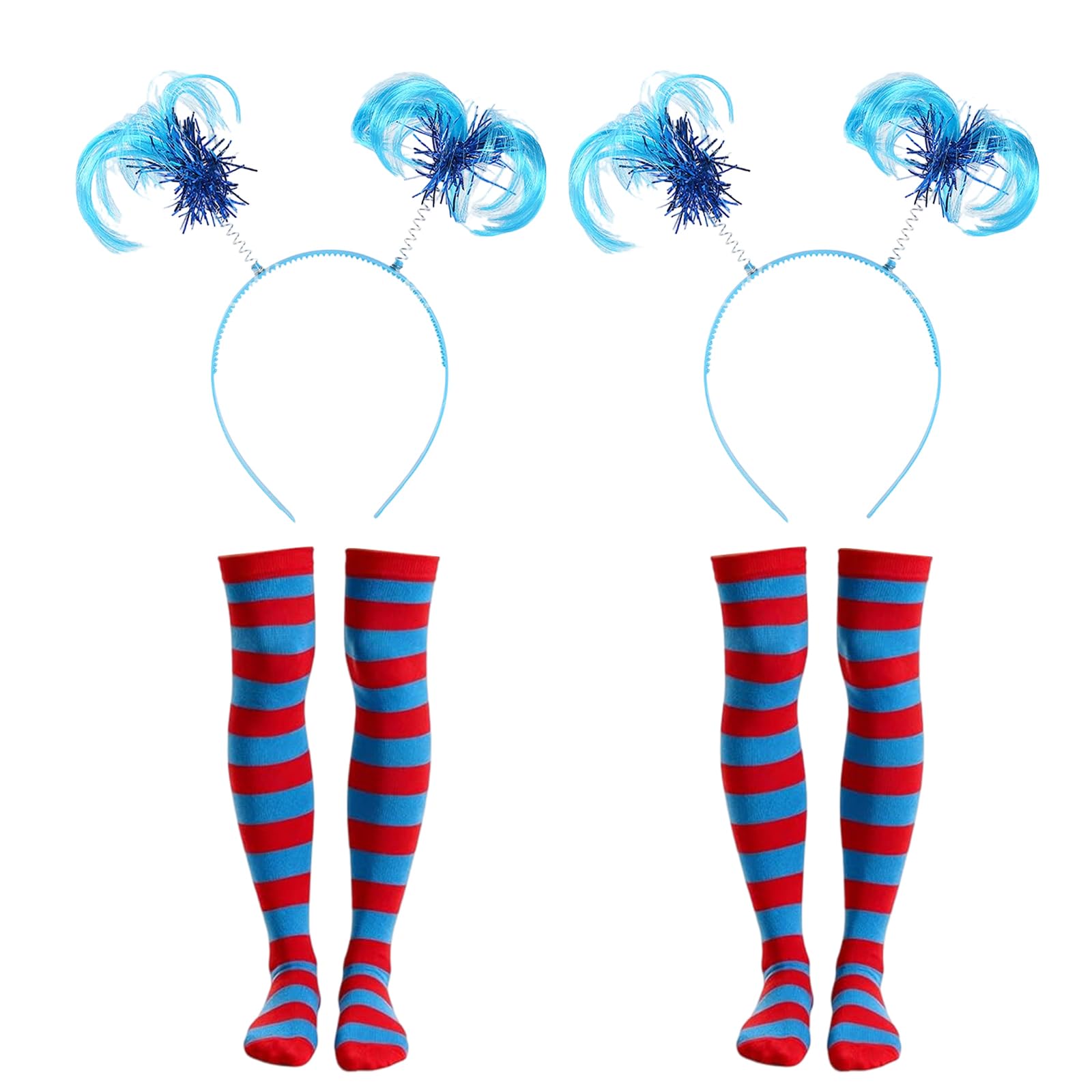 TXUJZP 2 Pack Kids World Book Day Costume Set, Blue Ponytail Headbands, Striped Knee Socks, Children's Role Play Fancy Dress, Birthday Party