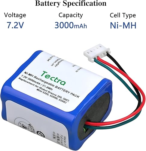 Miniatura 3 de Tectra 7.2V 3000mAh Ni-MH batería recargable para iRobot Braava 380 380T 390 390T menta 5200B 5200C aspiradora