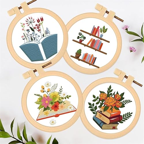 Miniatura 4 de FREEBLOSS Juego de 4 piezas de bordado pequeño de 3.7 pulgadas diseñado con patrones de libros, kit de iniciación de bordado con instrucciones