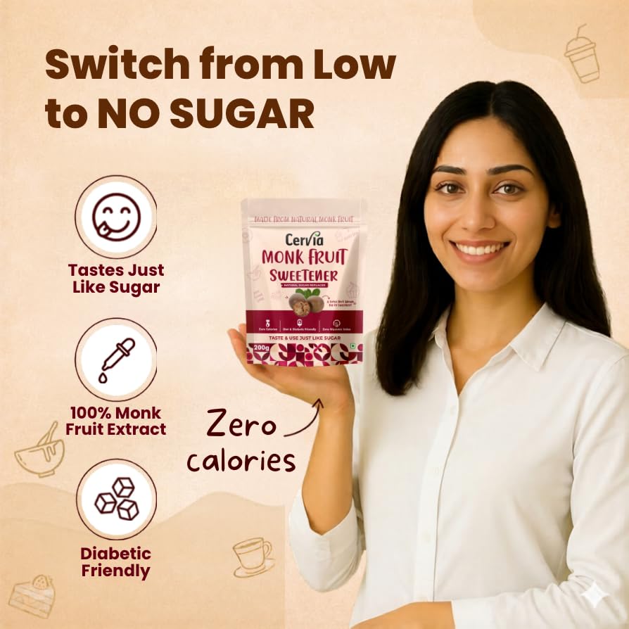 Image of Cervia Monk Fruit Natural Sweetener 200g | 100% Natural Sugar Replacement | Zero Calories | Zero Glycemic Index | No Blood Sugar Spike | Diabetic & Keto Friendly | No Bitter Aftertaste | For Tea, Coffee & Cooking (200)