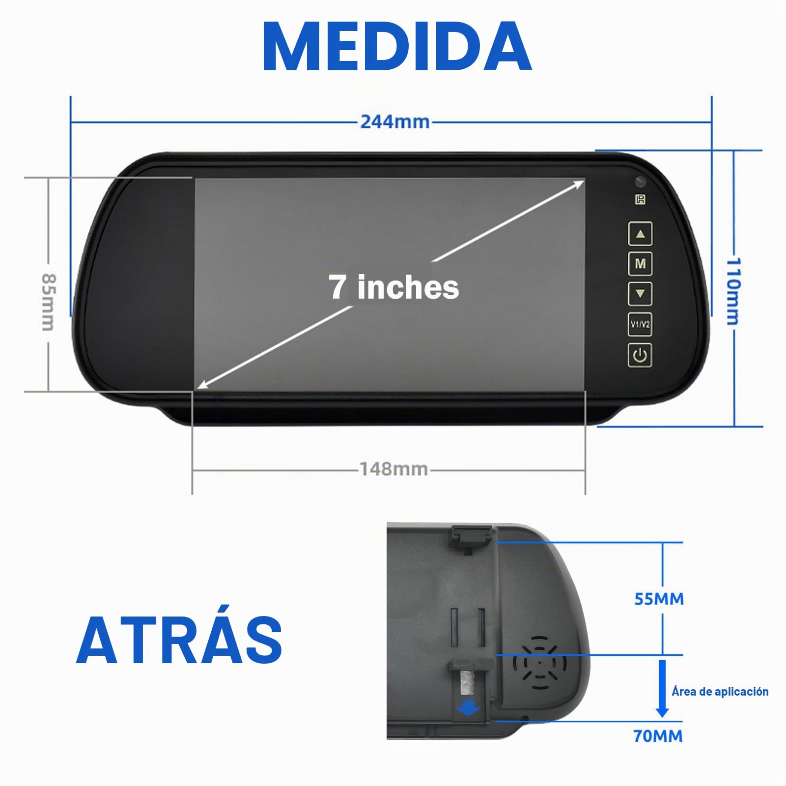 7" Coche Auto Monitor En-Espejo LCD Pantalla HD 800x480, 12V-24V Universal para Camión Espejo Montar Clip 2 RCA Entrada para Reserva Cámara/Trasero Vista/DVD /Medios Jugador