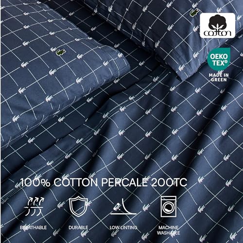 Image of Lacoste Slice 100% Cotton Percale Sheet Set, Vintage Indigo, Twin