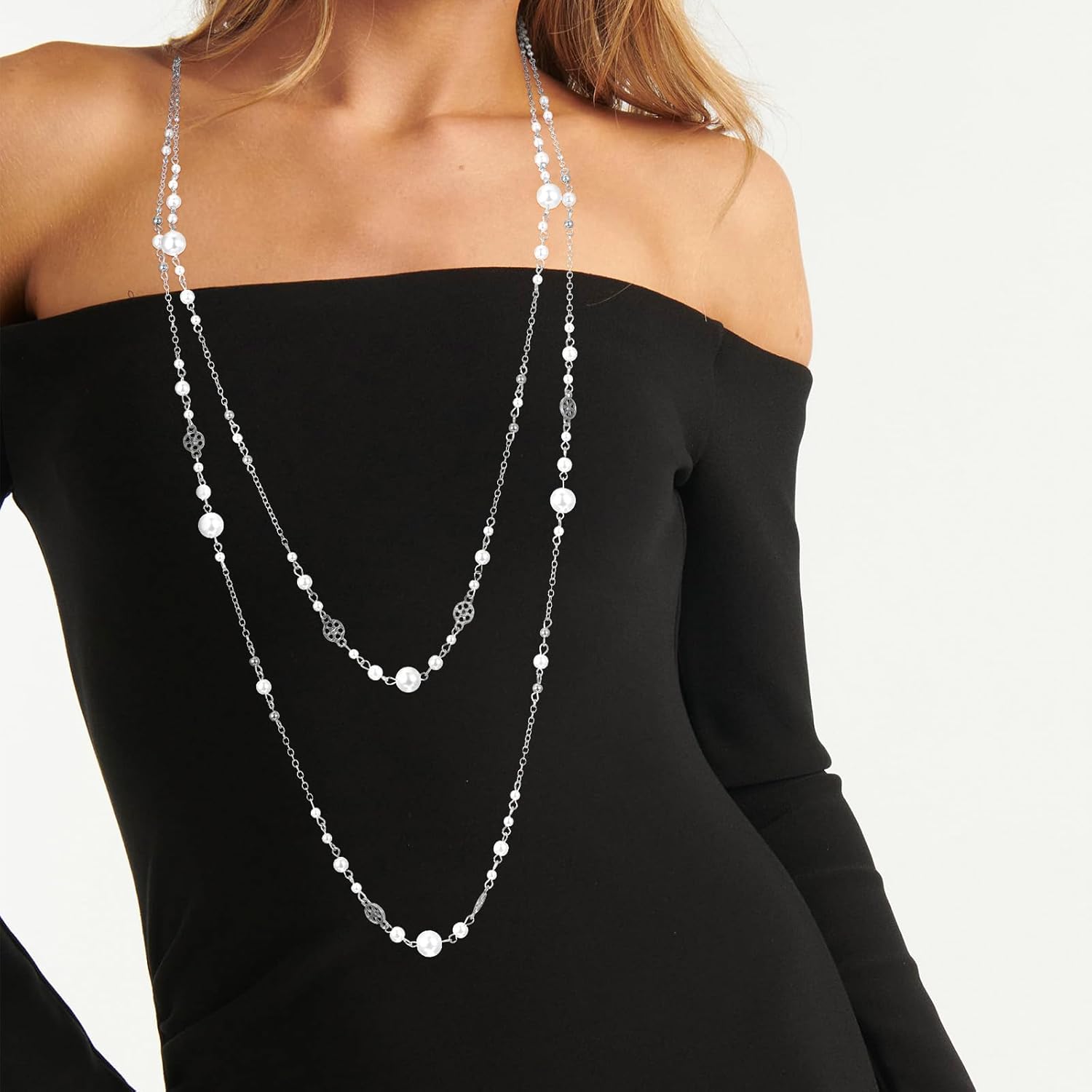2Pcs Long Pearl Necklaces for Women Silver Dainty Beaded Pearl Layered Necklaces for Women Long Necklace Statement Sweater Strand Chain Jewelry For Party Wedding - Image 5