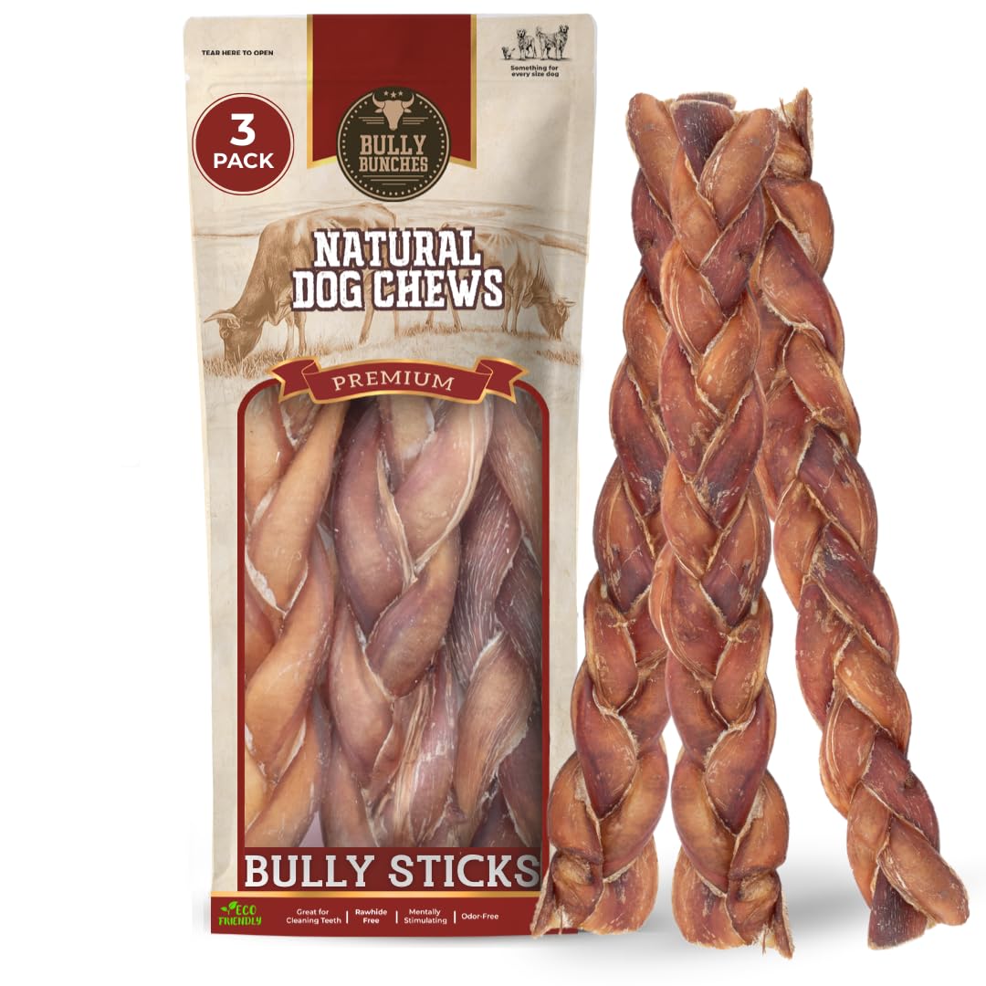Bully Bunches All Natural (12" Jumbo - 3 Pack) Braided Bully Sticks - Odour Free, Rawhide Free, Chemical Free - Safe, Long Lasting Thick Beef Dog Chews - Fully Digestible Treat for Small &amp; Medium Dogs