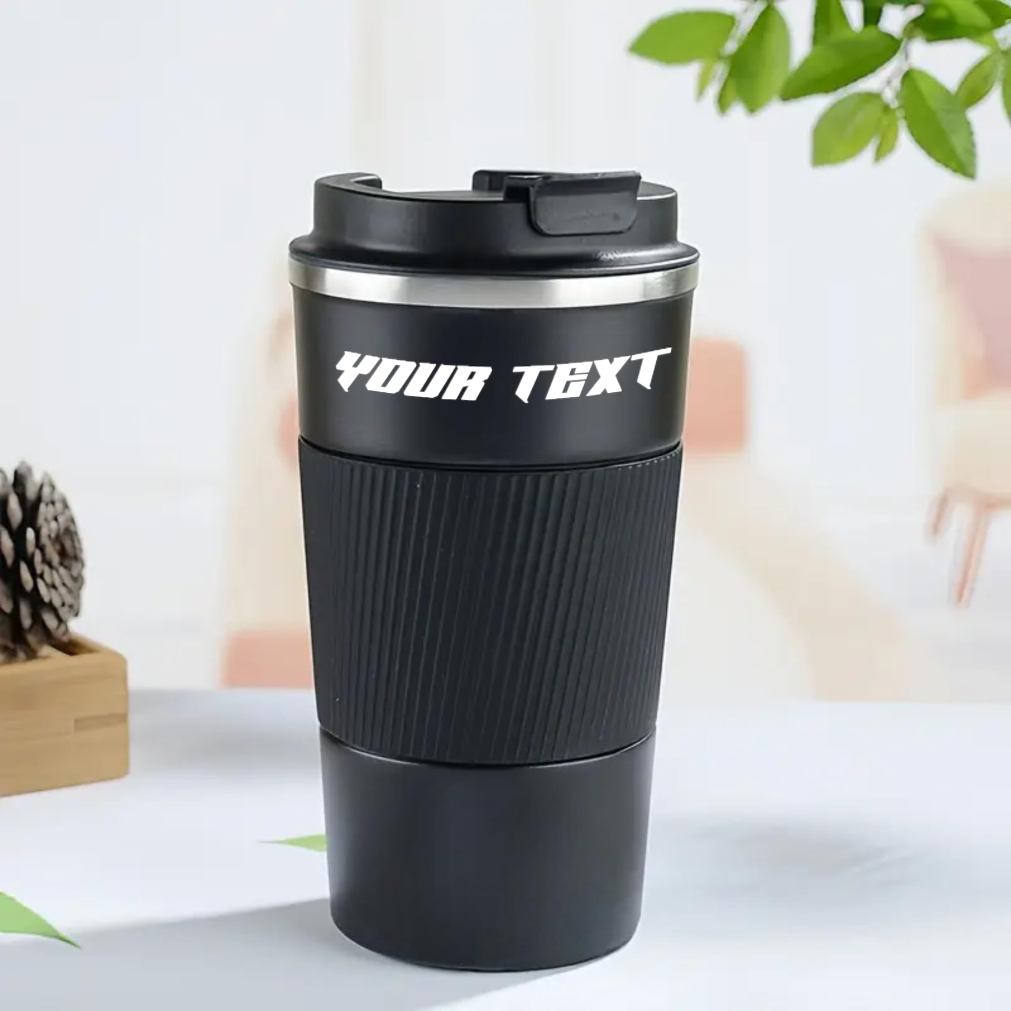 Customized Insulated Travel Coffee Mug 2.0 | Double Wall Stainless Steel Tumbler with Spill-Proof Flip Lid for Hot and Ice Beverages| Portable Coffee Cup (Black, 380ml)