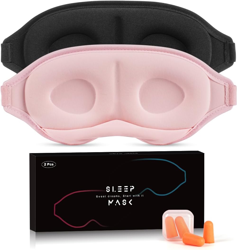AosunSleep Mask, 2 Pack Super Soft 3D Eye Masks-100% Blackout Comfortable Eye Mask for Sleeping with Adjustable Straps-Our Sleep Eye Mask Suitable for Travel and Meditation (Black Pink)