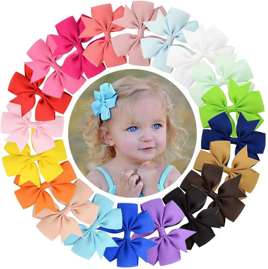 FengSheng 20pcs Baby Girls Clips 3" Grosgrain Boutique Solid Color Ribbon Mini Hair Bows Clips for Baby Girls Teens Infants Kids Toddlers Children Set of 10 pairs