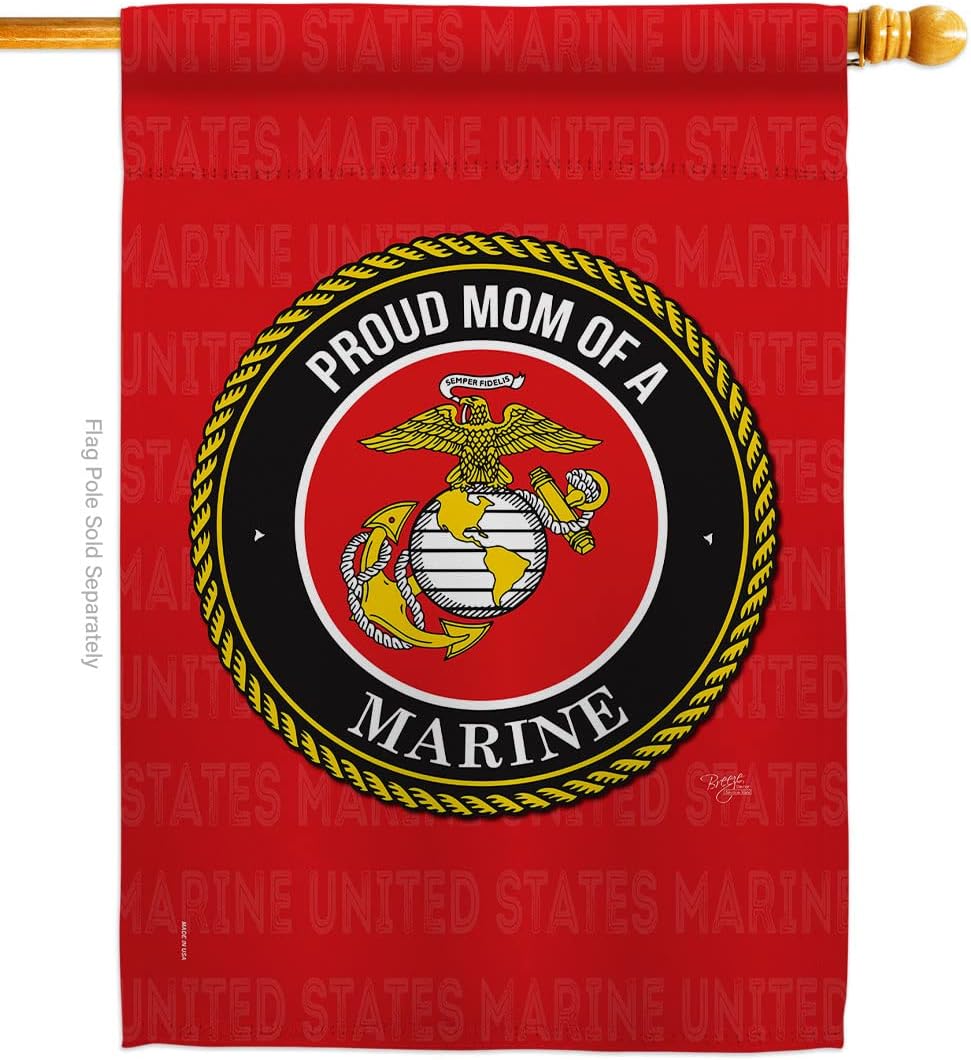 Marine Corps Proud Mom Marines House Flag Armed Forces USMC Semper Fi United State American Military Veteran Retire Official Small Decorative Gift Yard Banner Double-Sided Made In USA 28 X 40