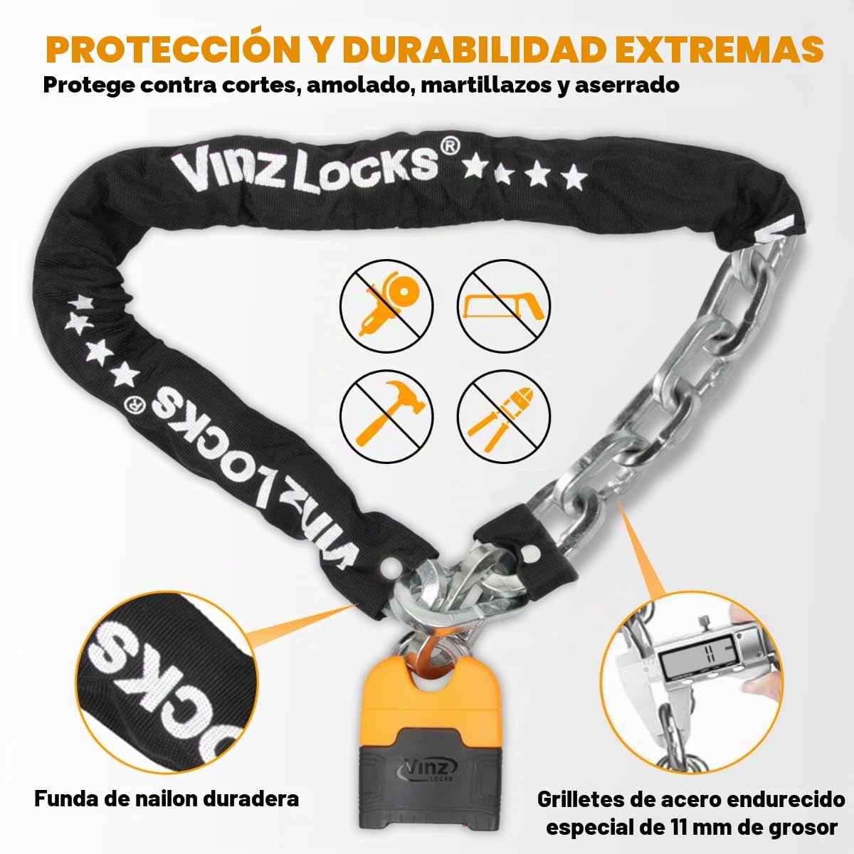 VINZ Makalu Candado de Moto | Antirrobo con Llave | Homologada ART 4 | Testado Acero Endurecido ø11mm | Candado de Cadena/Cadena de cerradura para Motos & Scooters - 120cm