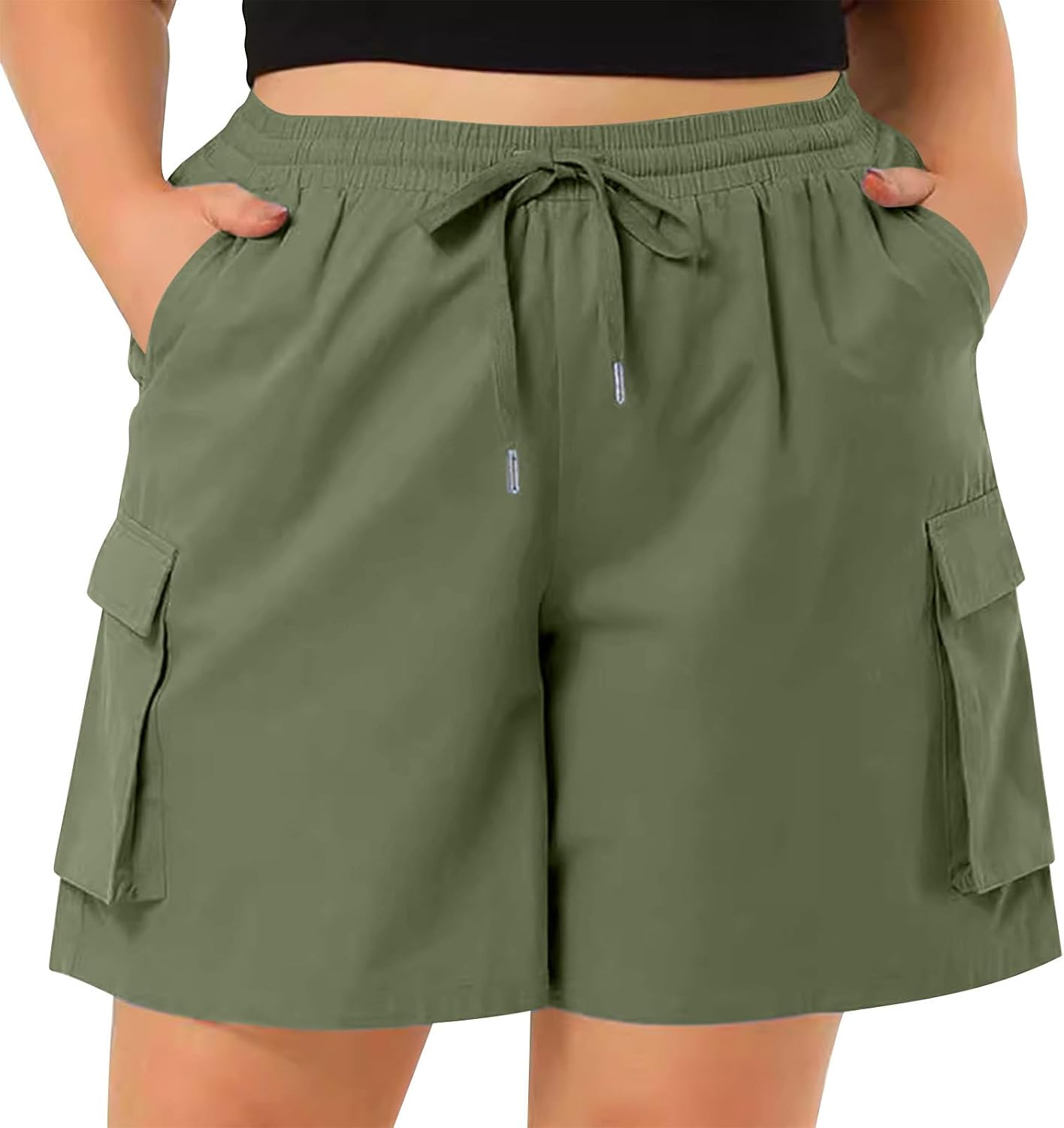 Women Summer Baggy Cargo Shorts Cotton Linen Casual Loose Athletic Drawstring Plus Size Solid Shorts with Pockets