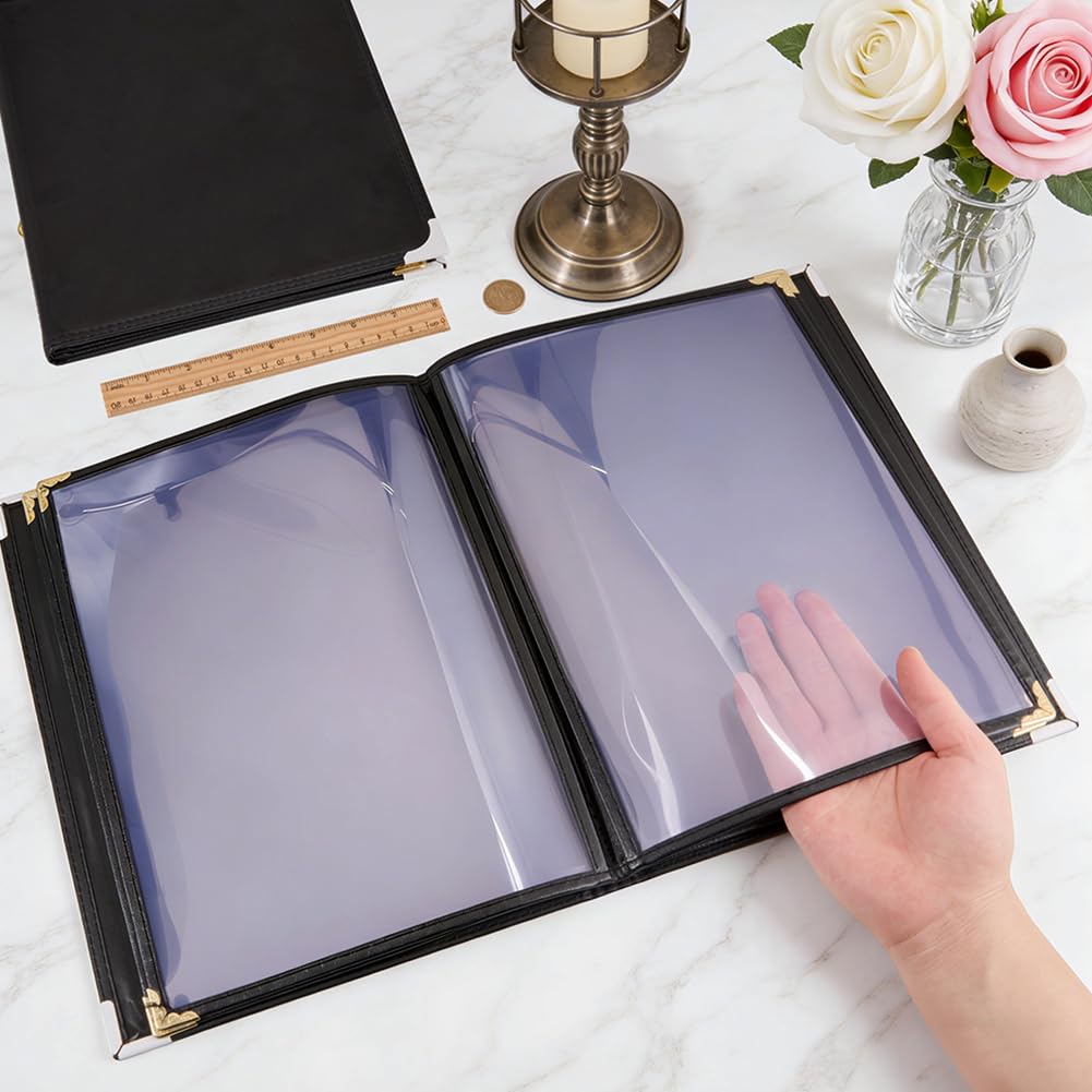 FINGERINSPIRE 2 Stück Speisekartenmappe Im A4 Format Aus PU Leder Mit Klarsichthüllen 4 Seite 8 Anzeigen Schwarz Fleckenabweisend Austauschbare Seiten Ideal Für Cafés Bistros Und Bars