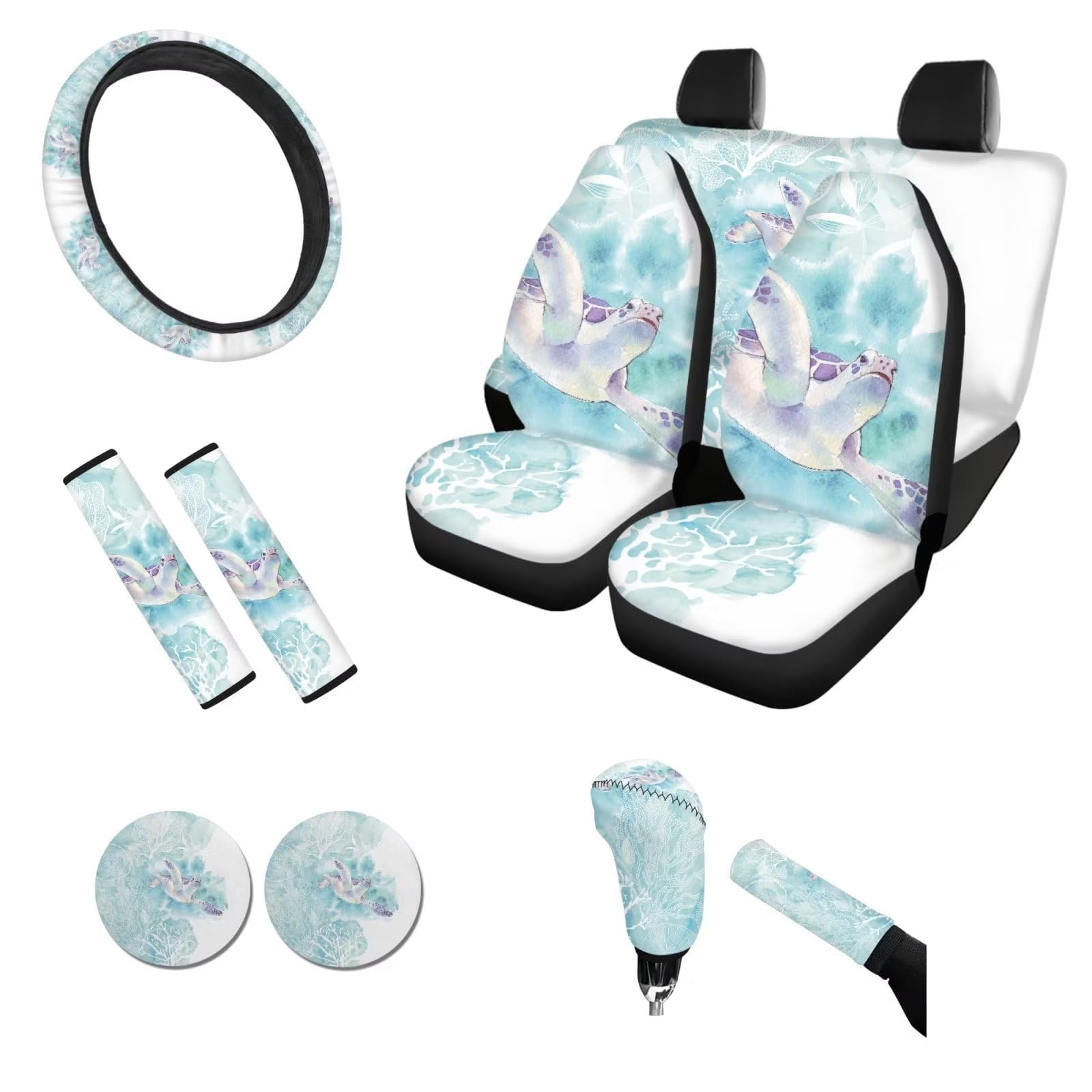 Chaqlin - Set di 2 coprisedili per auto, 4 pezzi, 1 coprivolante, 1 consolle centrale, 2 cuscinetti per cinture di sicurezza, set completo di 10 pezzi, universali per interni auto