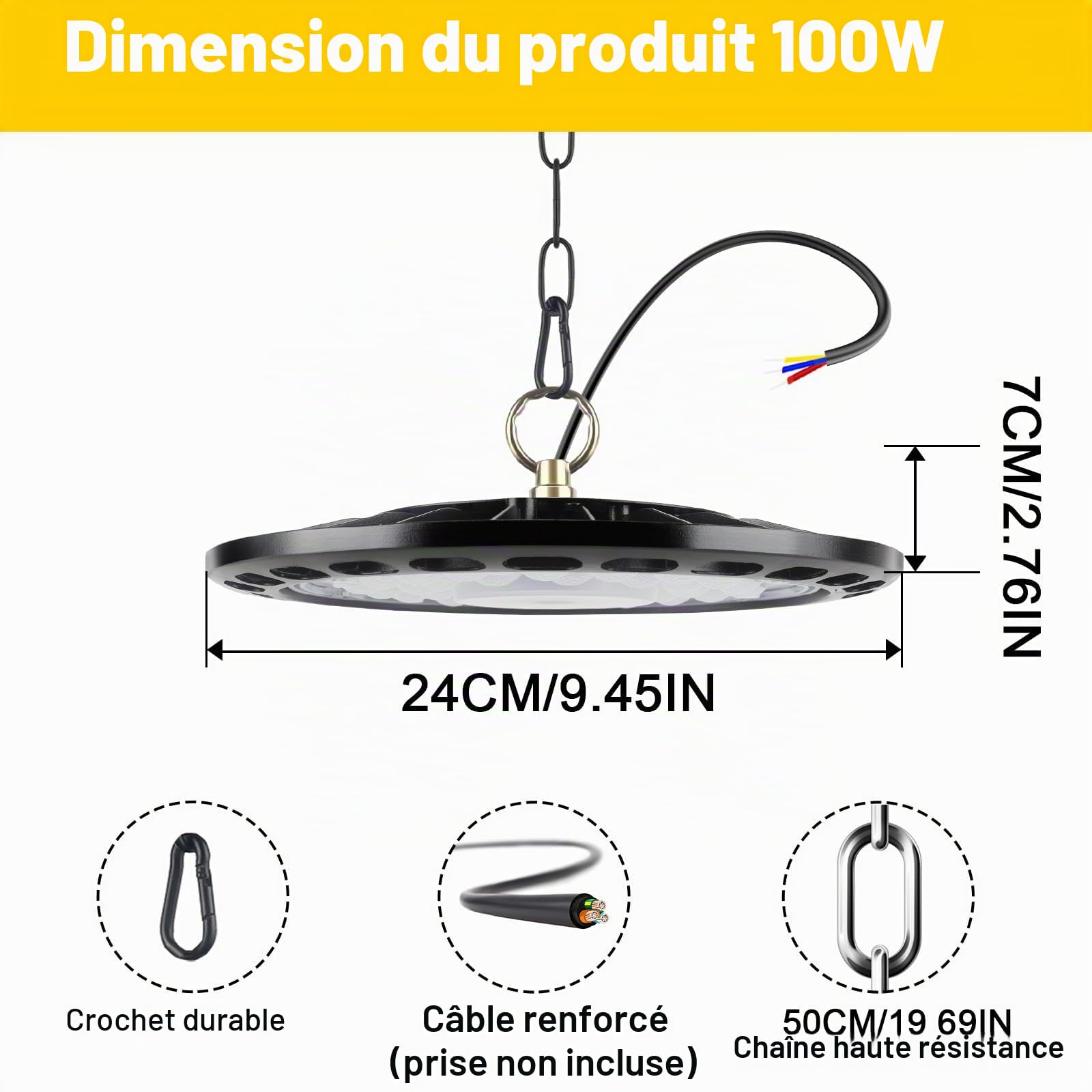 Projecteur LED Industriel 100W, 12800LM UFO Eclairage Plafonnier LED Garage avec Chaine, 6000K Projecteur Intérieur, IP66 Étanche Éclairage de Plafond pour Garage Atelier Usine 4 Pièces