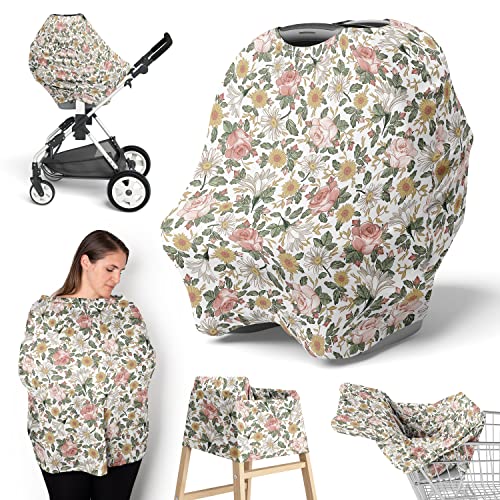 Image of Sweet Jojo Designs Vintage Floral Boho Girl Infant Baby Car Seat Cover Nursing Breastfeeding Shopping Cart Stroller Canopy Blush Pink Yellow and Green Bohemian Shabby Chic Rose Flower Farmhouse White