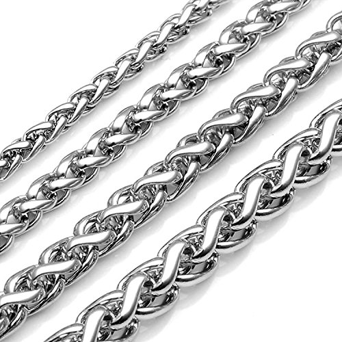 LETSP Mens&Womens Jewelry 3mm 4mm 5mm 6mm 17"-34" Silver Stainless Steel Wheat Braided Necklace Chain (21, 6 mm)