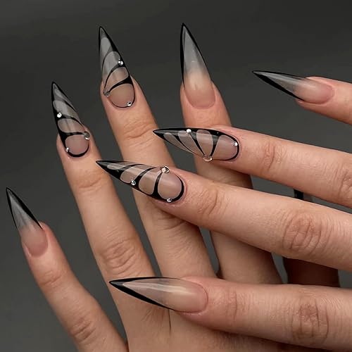 MISUD Uñas postizas largas a presión, uñas postizas largas con pegamento brillante, uñas acrílicas de almendra, punta francesa, uñas artificiales 3D