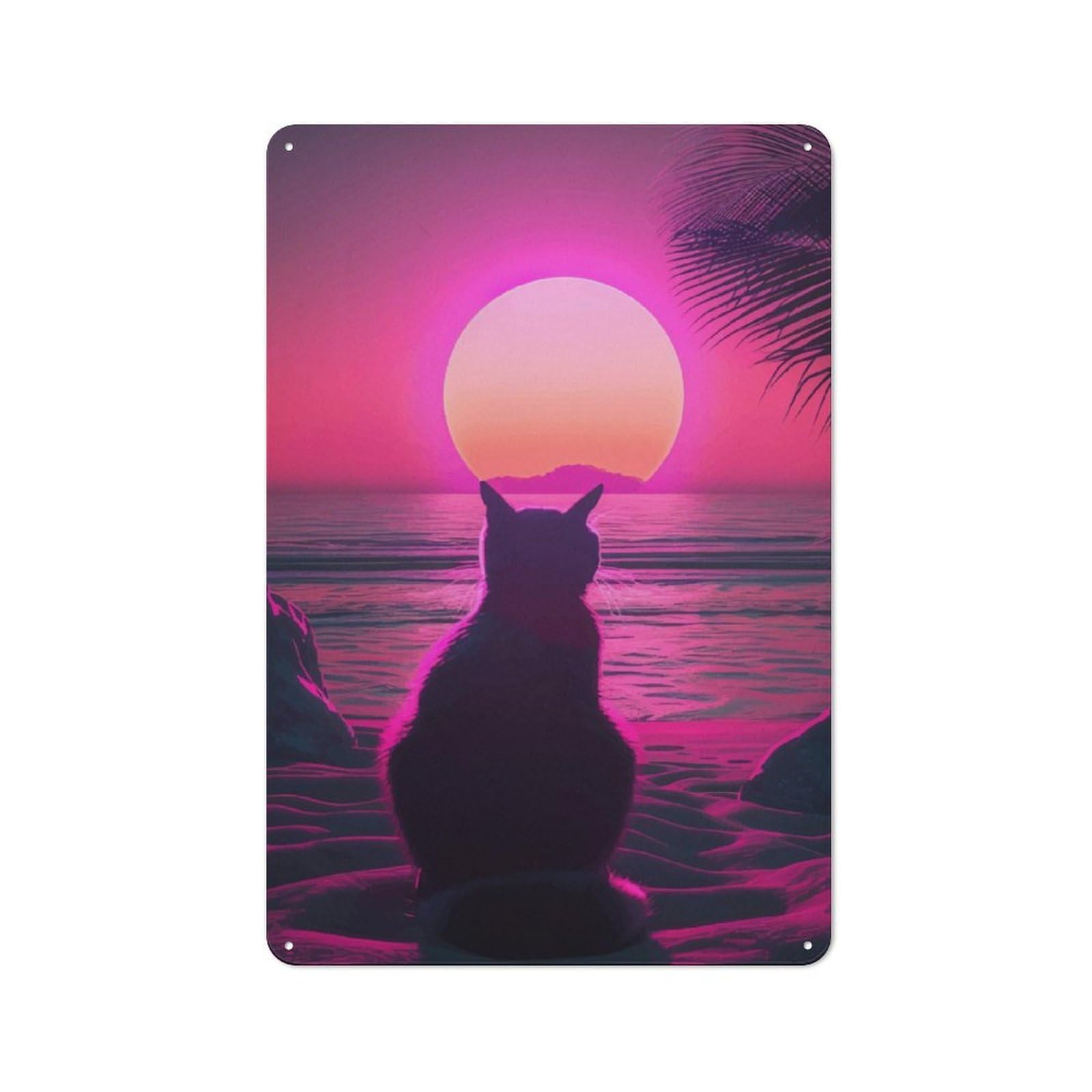 Cat Animal Retro Sunset Metal Wall Sign 30x20cm, Retro Decor for Hallway Wall, for Wall Display Collectors
