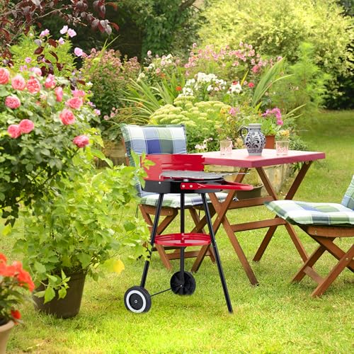 Relaxdays Holzkohlegrill mit Rollen, Ø 42 cm, Picknickgrill Garten & Park, Griller, Windschutz, Rundgrill, schwarz/rot – Bild 4