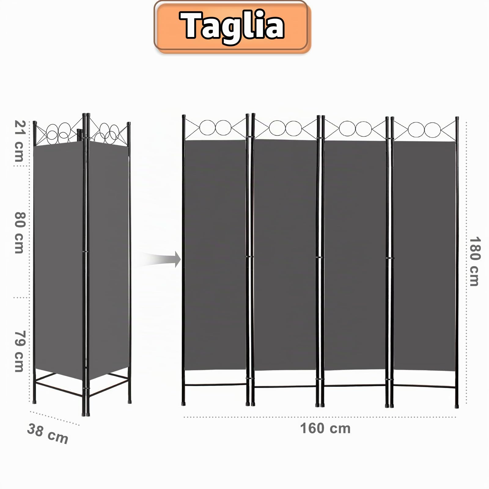 Todeco Separatore Stanza 4 Pannelli 160x180cm Grigio | Schermo privacy camera letto, pleghevole salvaspazio, materiale poliestere resistente, facile riporre garage ufficio