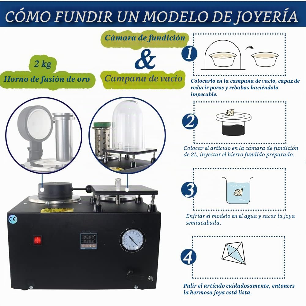 Máquina de fusión y fusión al vacío, pantalla digital, refinación a alta temperatura, herramienta de fundición de joyas de metales preciosos de 1/2 HP, horno de fusión de oro de 2 kg