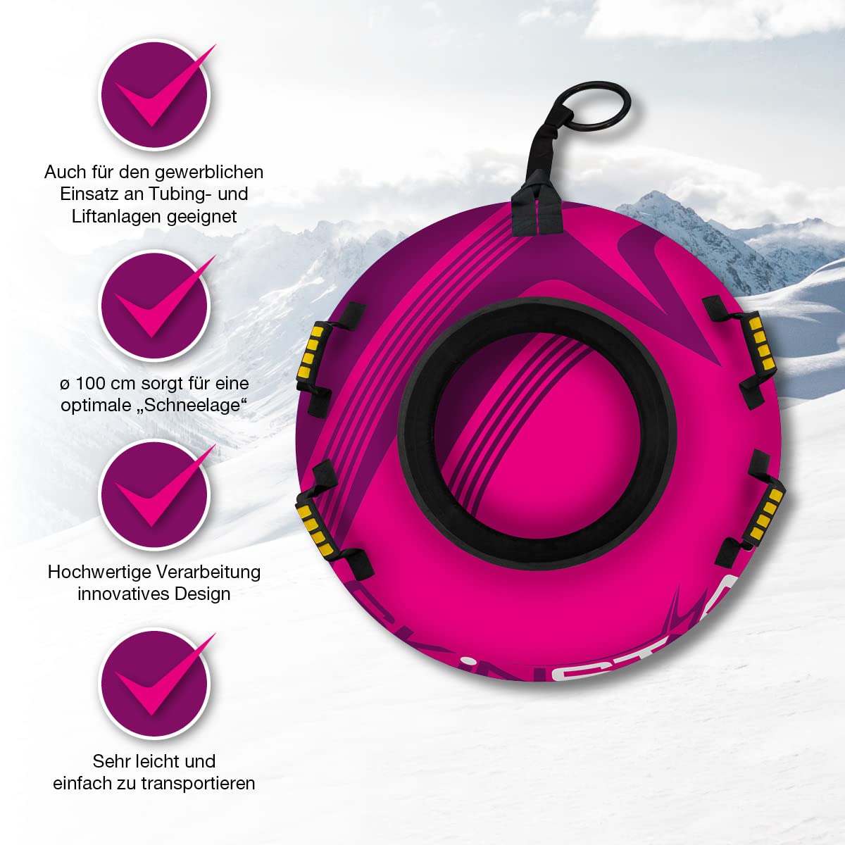 SkinStar Aufblasbare Schlitten Snow Tube Schlitten Bob Rodel Reifen Schneereifen Snowtube mit Griffen Ø100cm pink