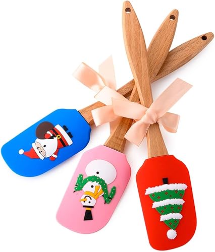 Miniatura 3 de Juego de espátula de silicona de Navidad con bonito lazo, espátulas para decoración de pasteles de Navidad con mango de madera, árbol de Navidad de