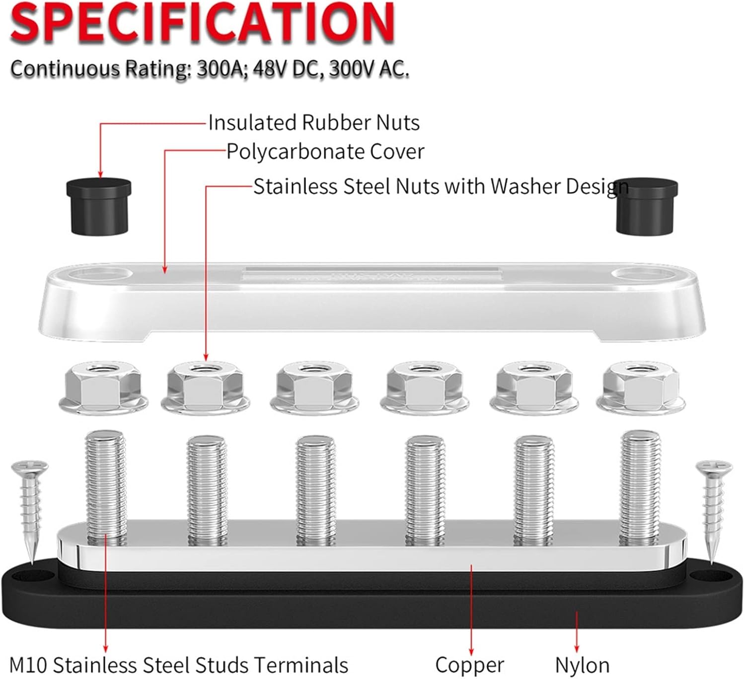 300A Negative Bus Bar 12V Distribution Block M10 Terminal Studs 48V DC Positive Ground Busbar for Automotive Car Boat 1Pcs(Red Color)