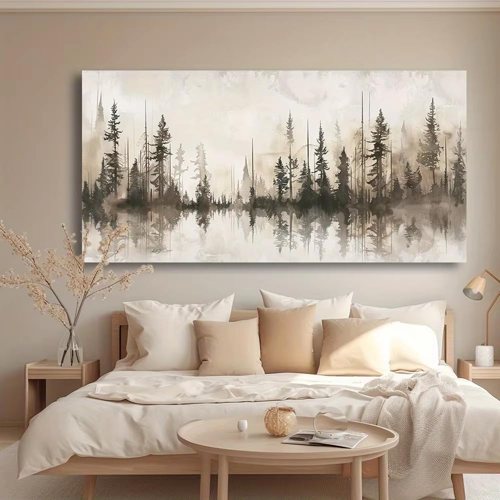 AEFOUU Misty Pines Modern Abstract Canvas Wall Art Landscape Painting Print Home Decor Pictures Modern Artwork for Living Room(80x160cm/32x63in/Frameless)