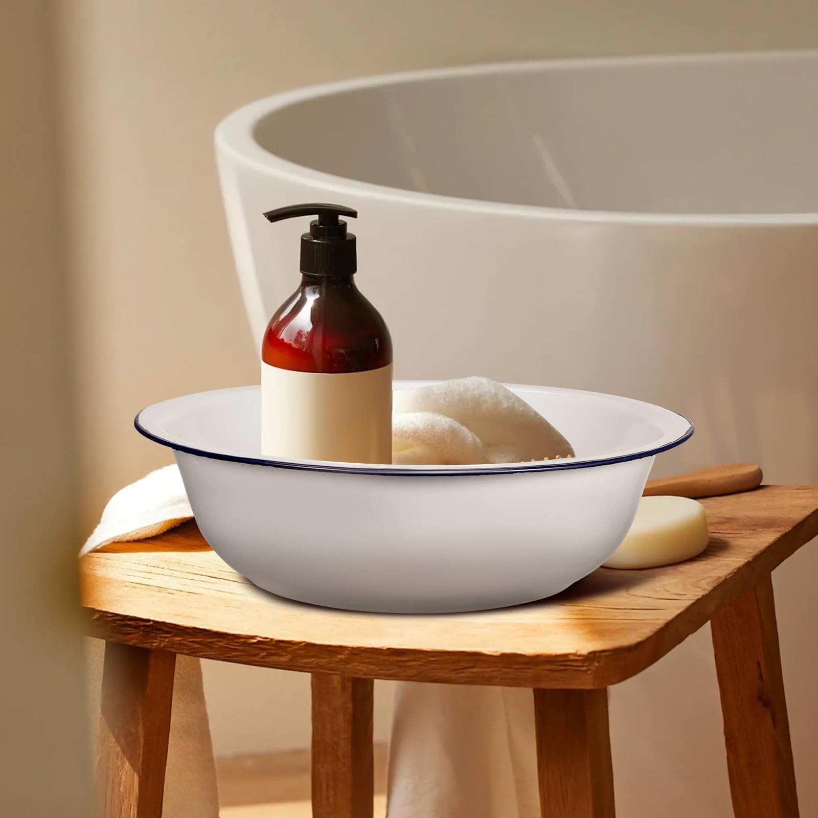 Bain de Pieds en Émail Rétro 30 Cm Bassin de Trempage Blanc Bord Bleu Multifonction pour Bain Pédicure et Lavage du Visage Pieds Solide et Facile à Nettoyer
