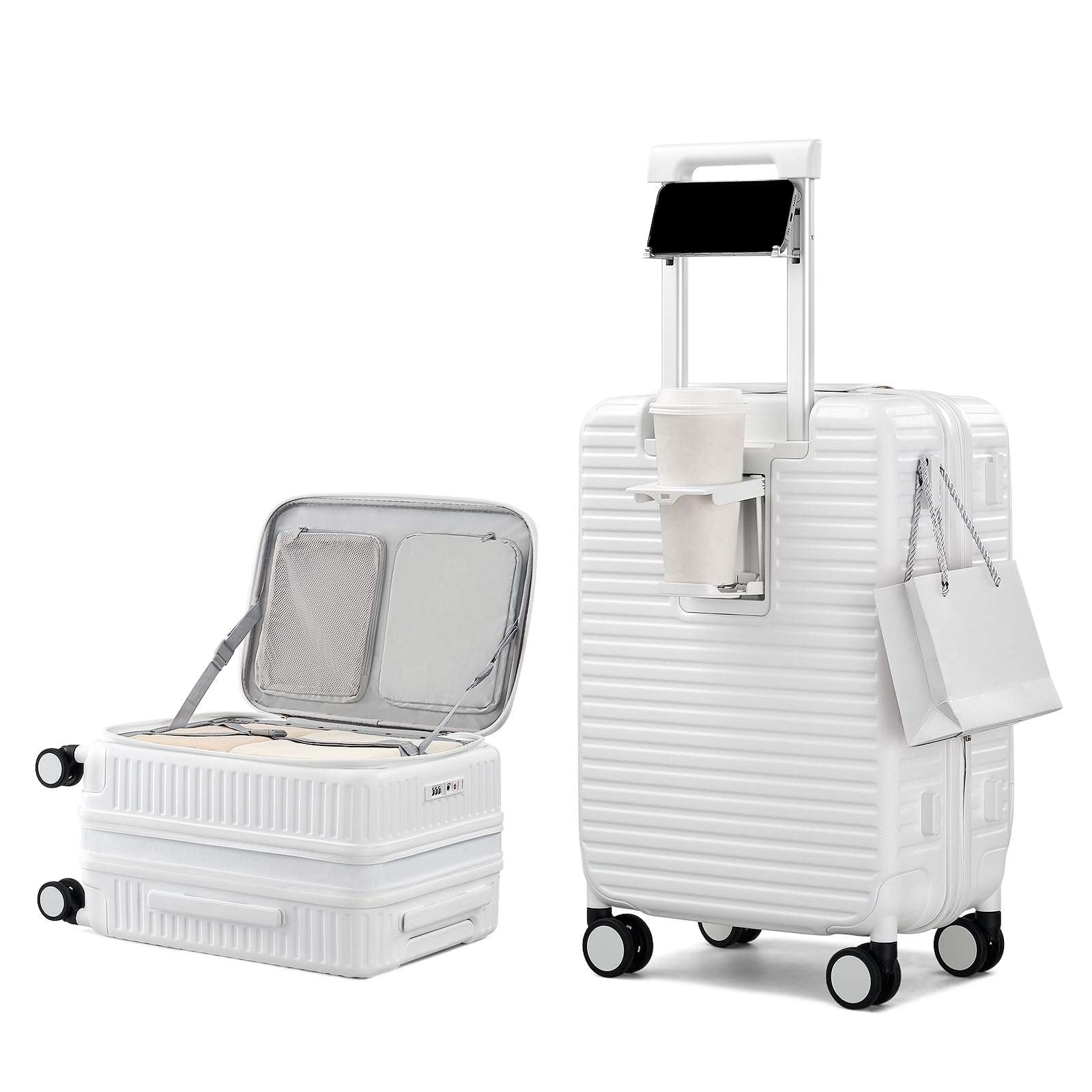 HanTrip 20 Inch Carry on Luggage 22x14x9 Airline Approved Hard Shell Suitcases with Wheels, Top Opening Expandable Carry on Luggage with Cup Holder Small Rolling Suitcase with Lock, White